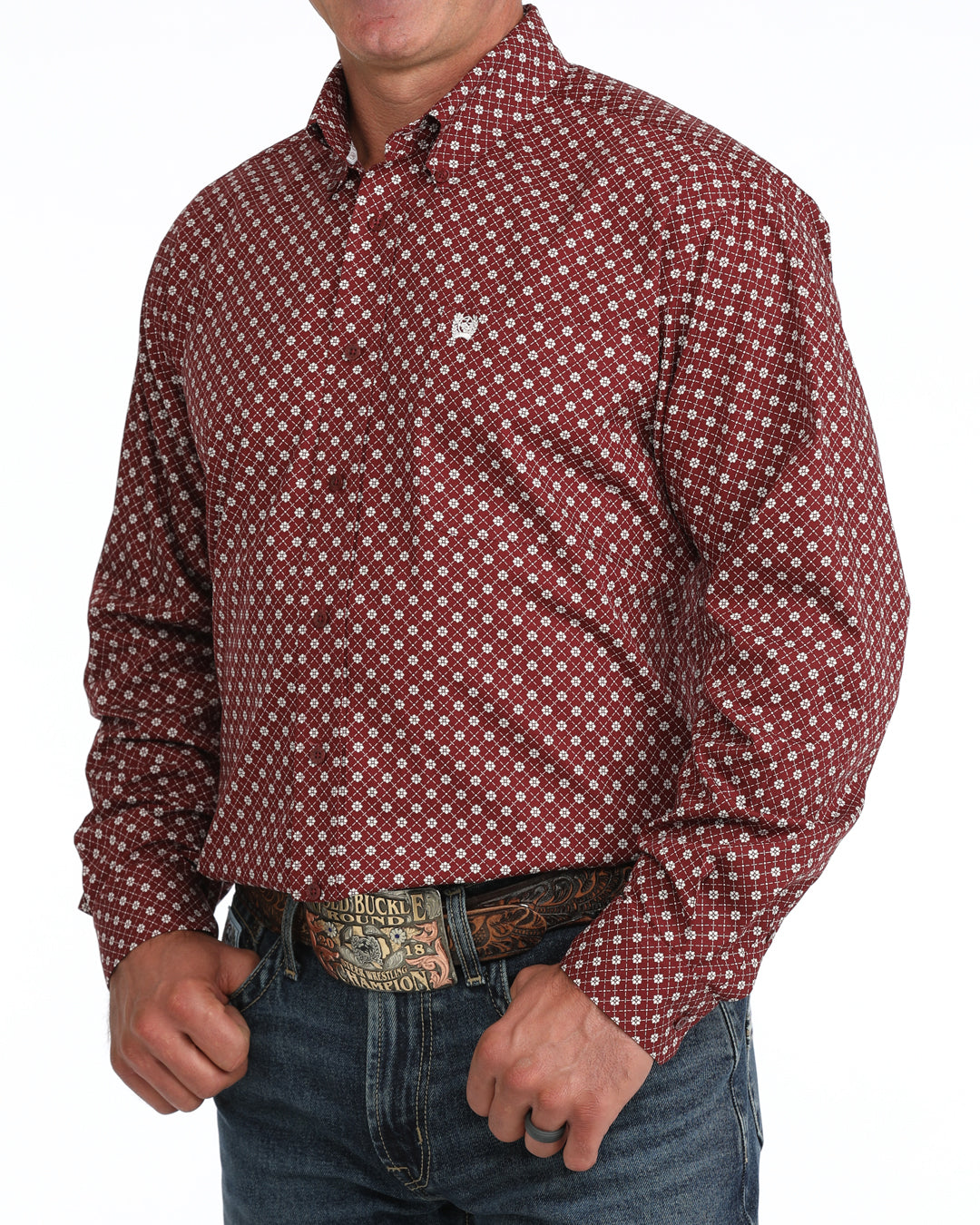 Cinch Men's Long Sleeve Burgundy Printed Button Down Shirt MTW1106141