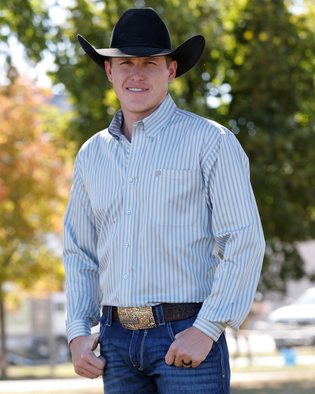 Cinch Men's Long Sleeve Light Blue Button Down Striped Shirt MTW1106153