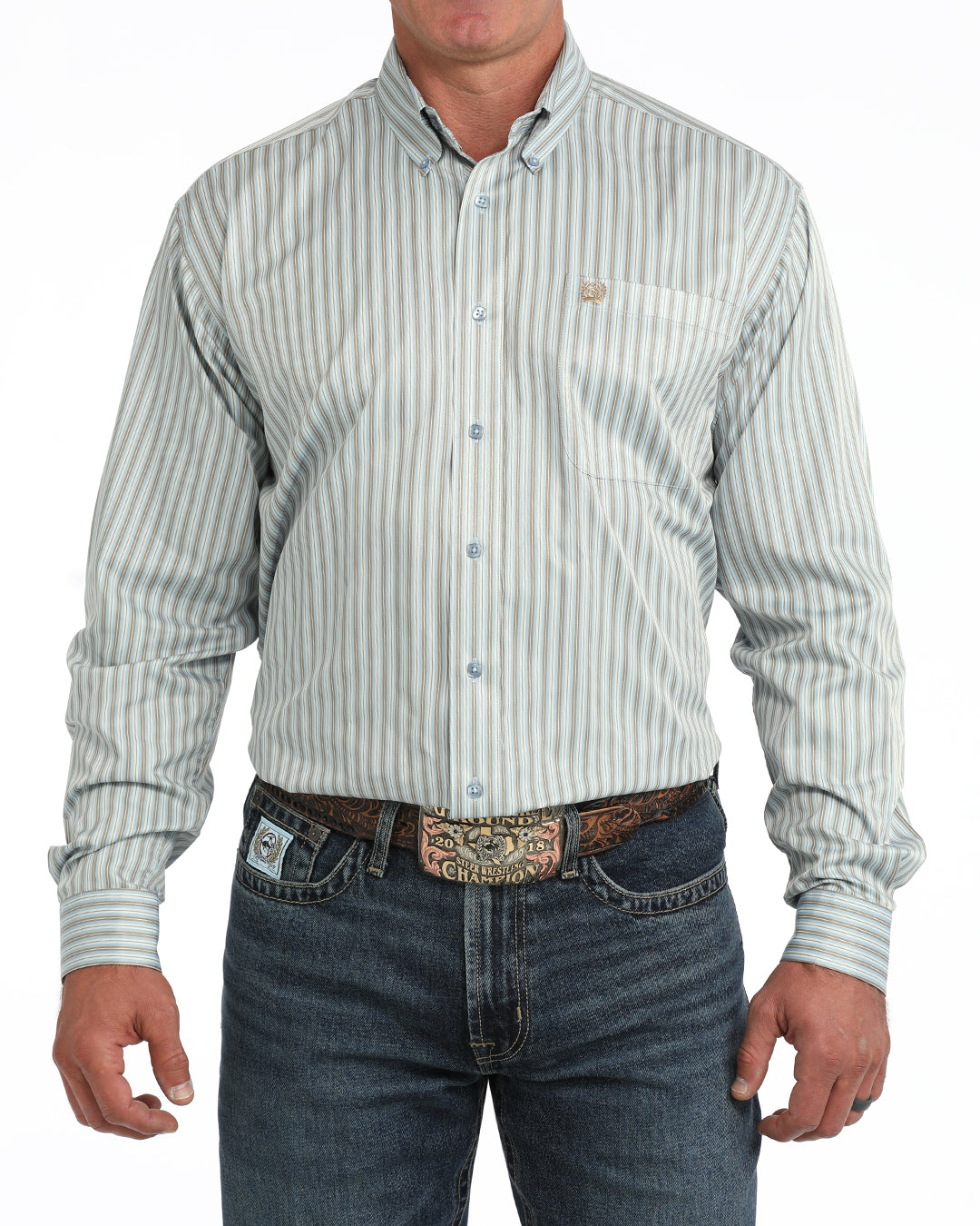 Cinch Men's Long Sleeve Light Blue Button Down Striped Shirt MTW1106153