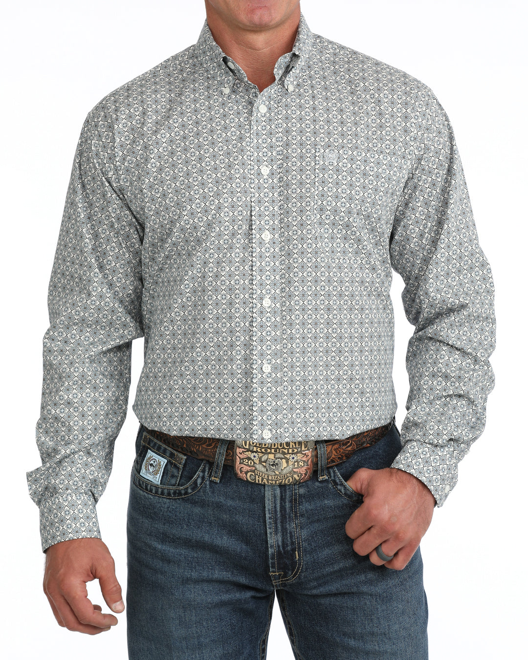 Cinch Men's Long Sleeve Cream Printed Button Down Shirt MTW1106155