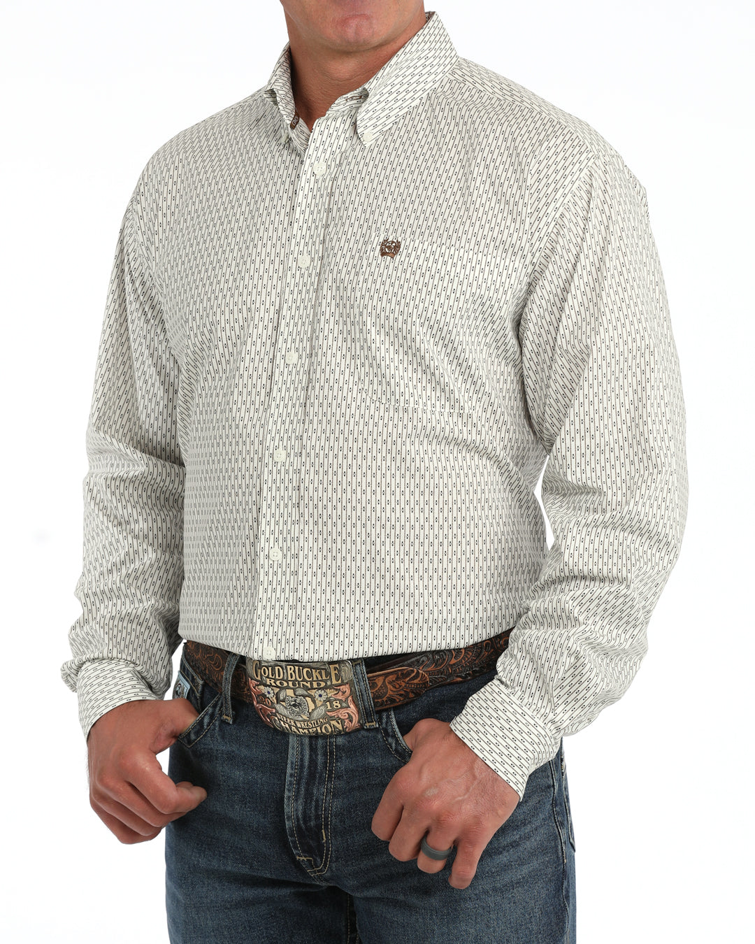 Cinch Men's Long Sleeve Cream Geometric Print Button Down Shirt MTW1106156