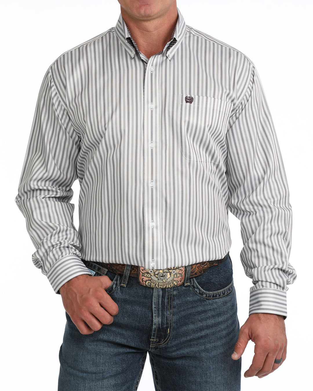 Cinch Men's Long Sleeve Gray Striped Button Down Shirt MTW1106163