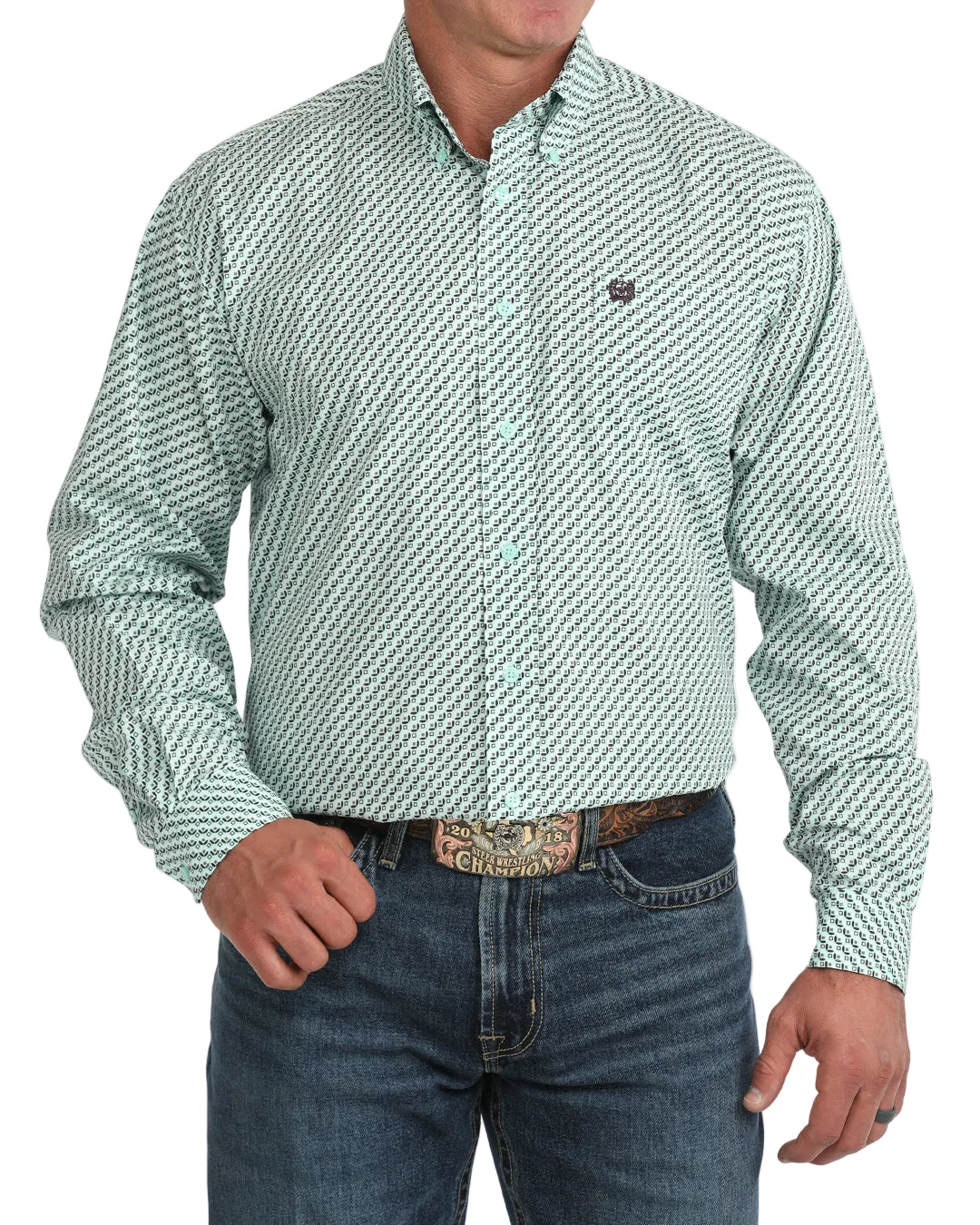 Cinch Men's Turquoise Long Sleeve Printed Button Down Shirt MTW1106165