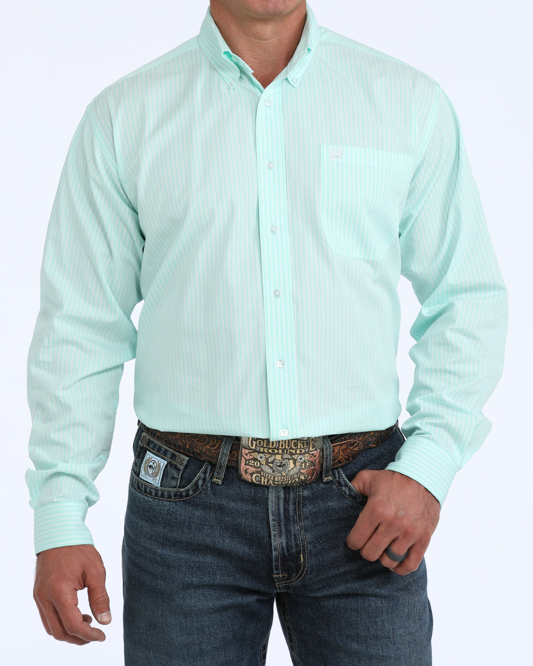 Cinch Men's Light Blue Striped Long Sleeve Button Down Shirt MTW1106166