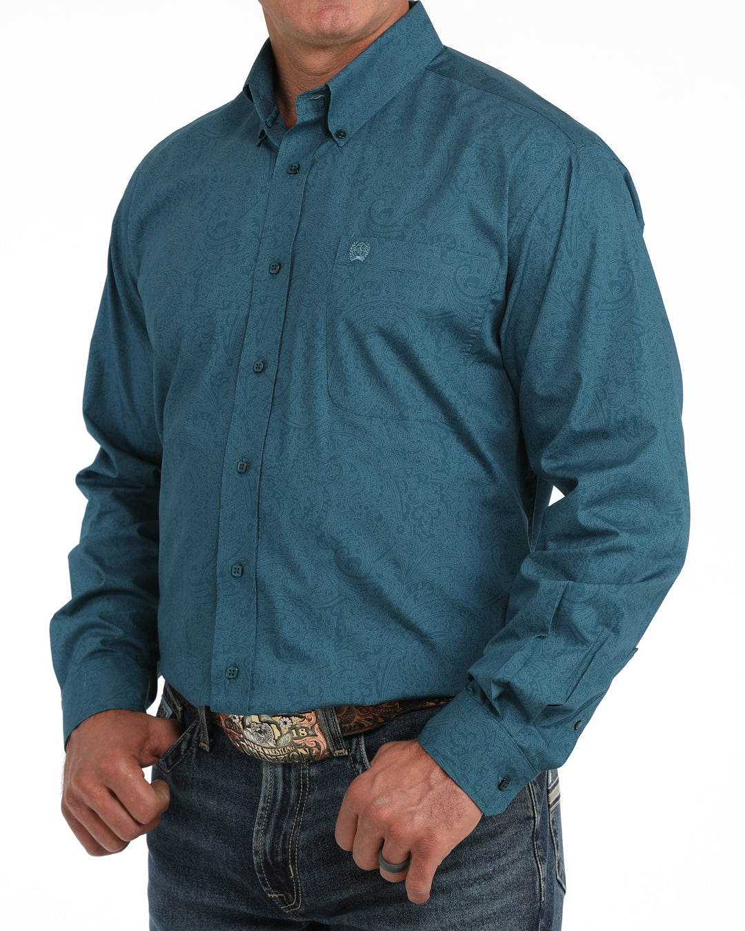 Cinch Men's Blue Printed Long Sleeve Button Down Shirt MTW1106169