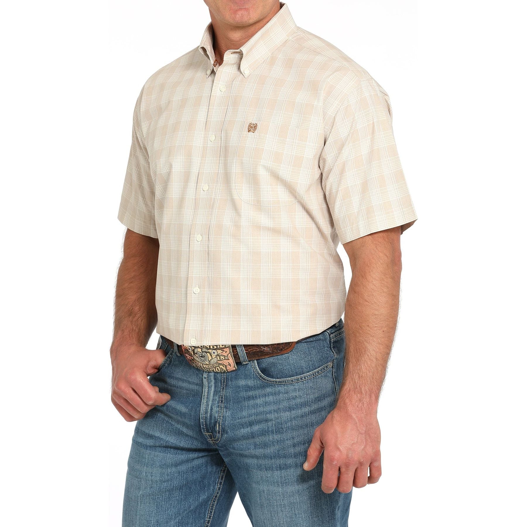 Men's Cinch Short Sleeve Khaki Plaid Button Down Western Shirt MTW1111489-KHA - Crazy House Western Wear