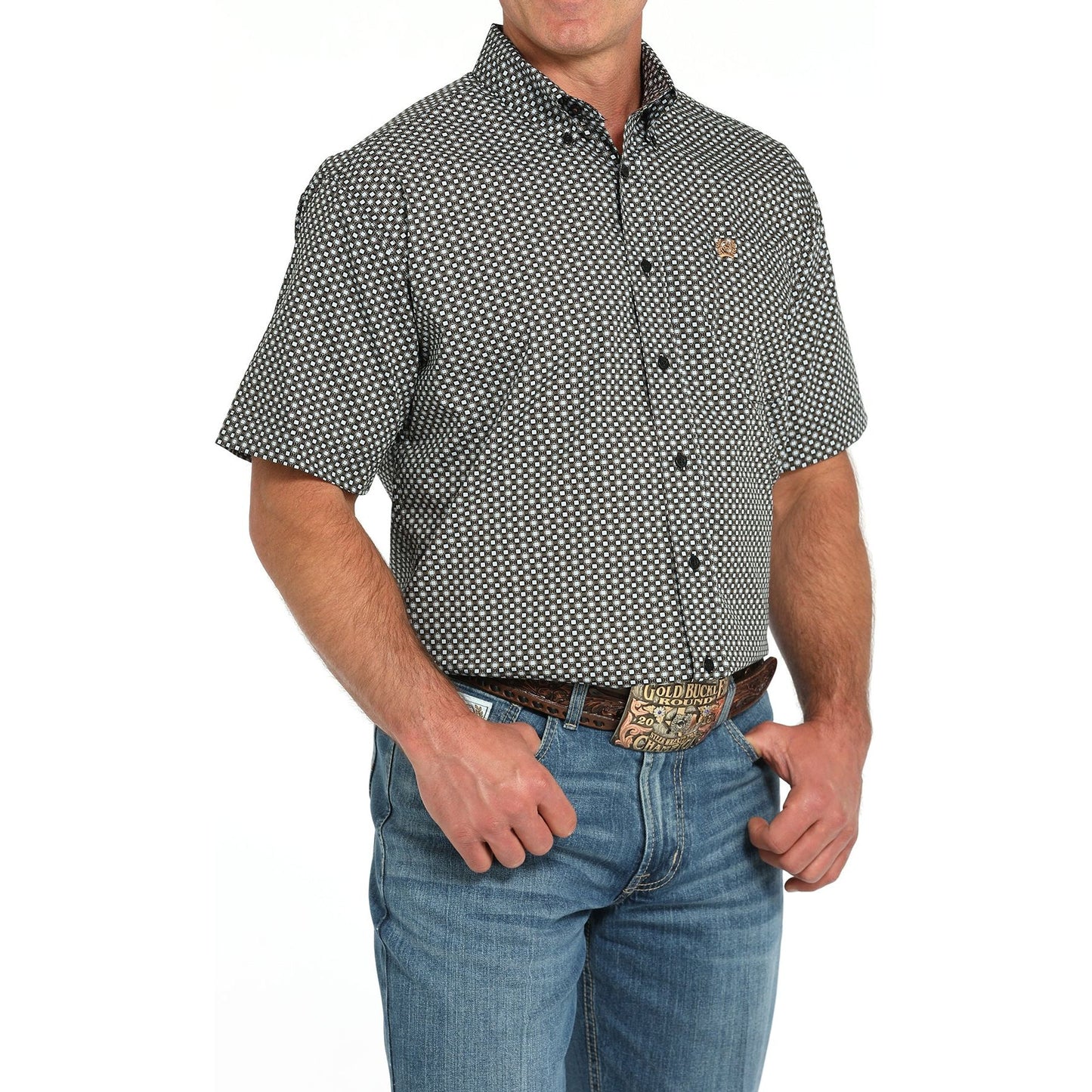 Men's Cinch Short Sleeve Black and Blue Printed Button Up MTW1111492-BLK - Crazy House Western Wear