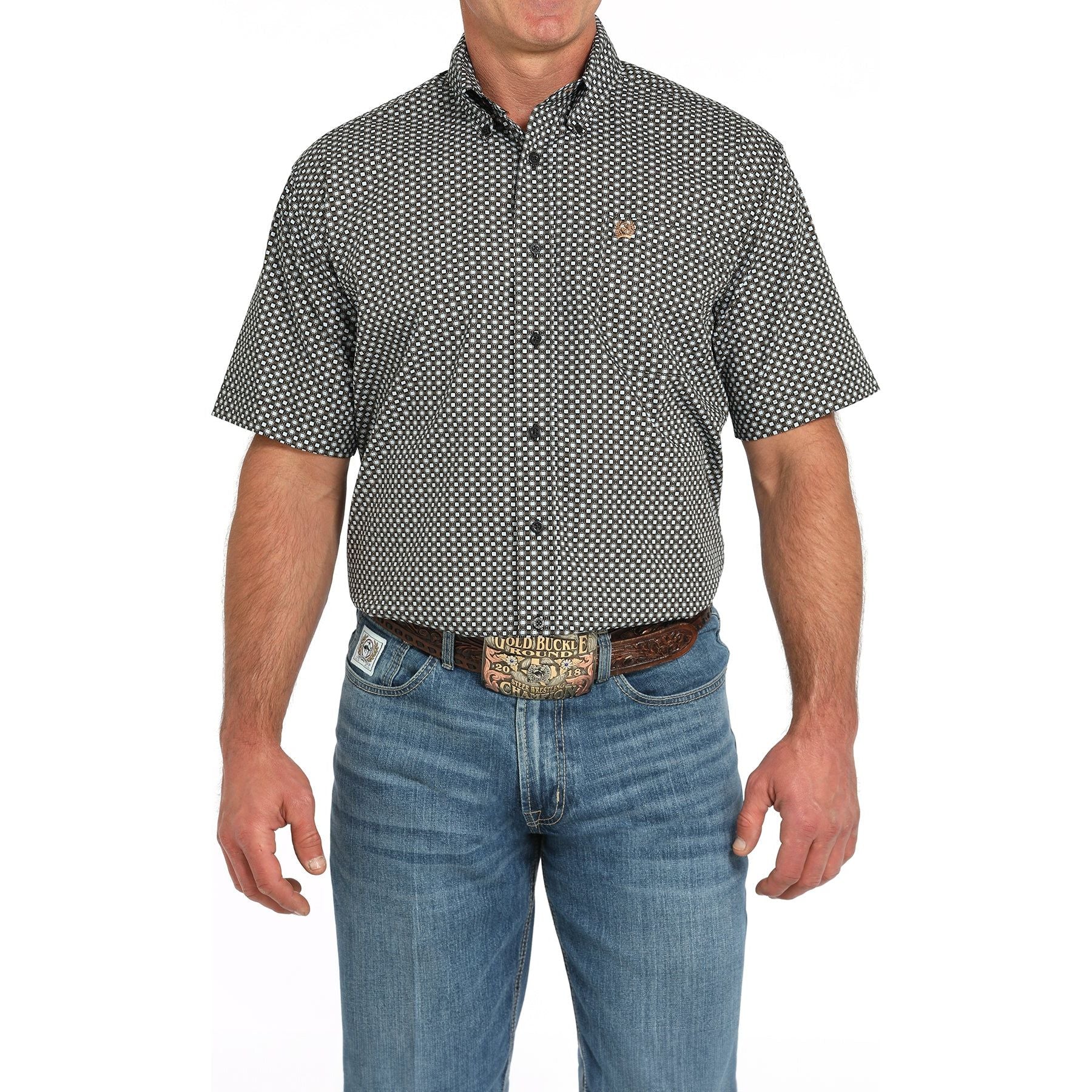 Men's Cinch Short Sleeve Black and Blue Printed Button Up MTW1111492-BLK - Crazy House Western Wear