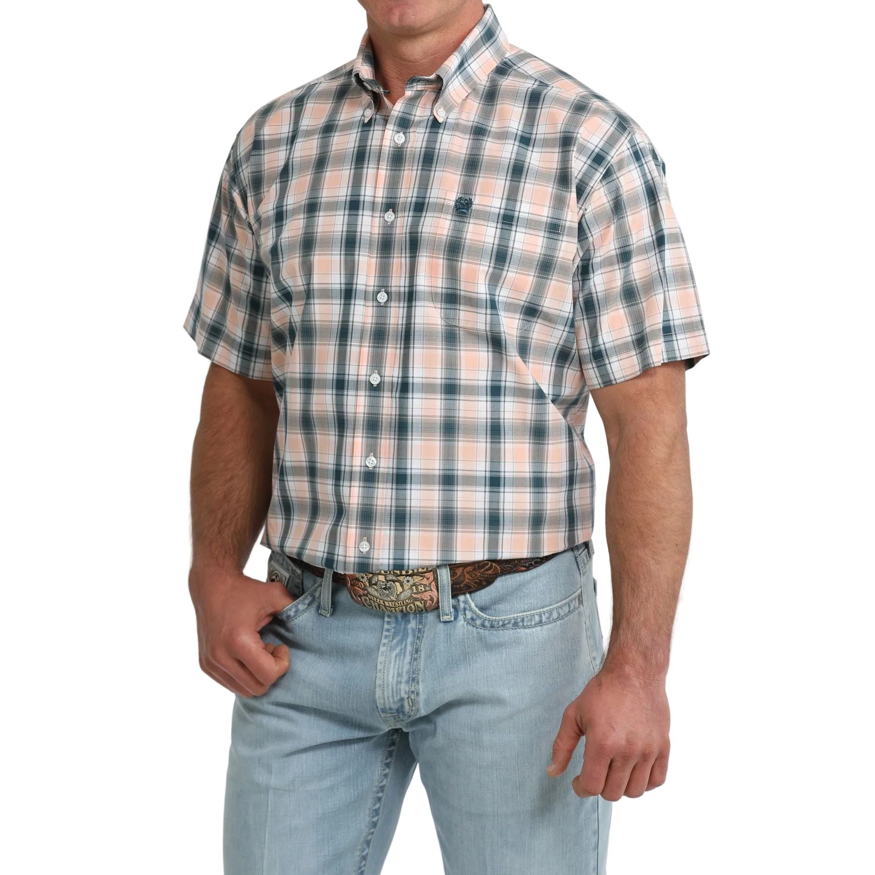 Men's Cinch Short Sleeve Coral Plaid Classic Fit Shirt MTW1111525