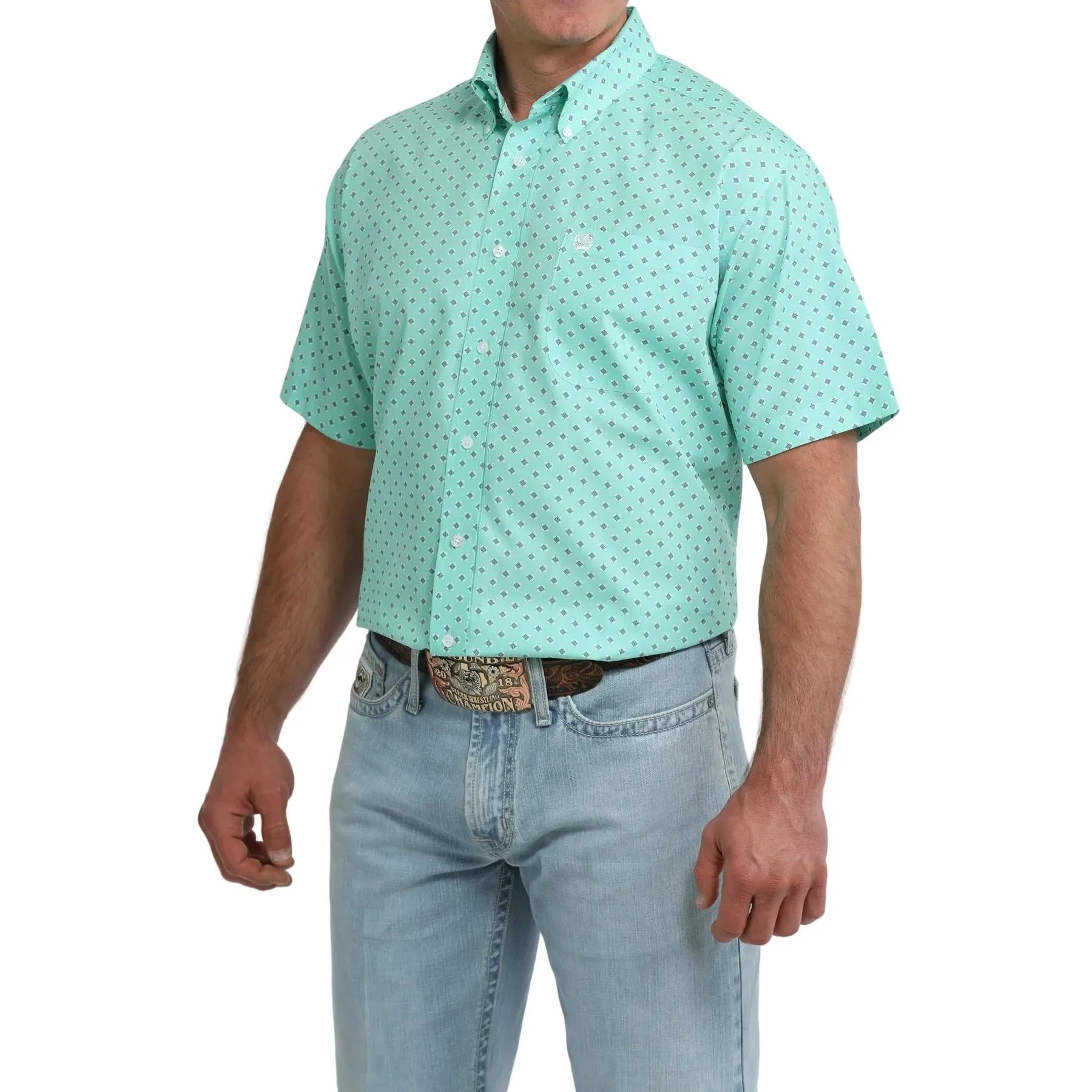 Men's Cinch Short Sleeve Teal Geo Print Button Up MTW1111529