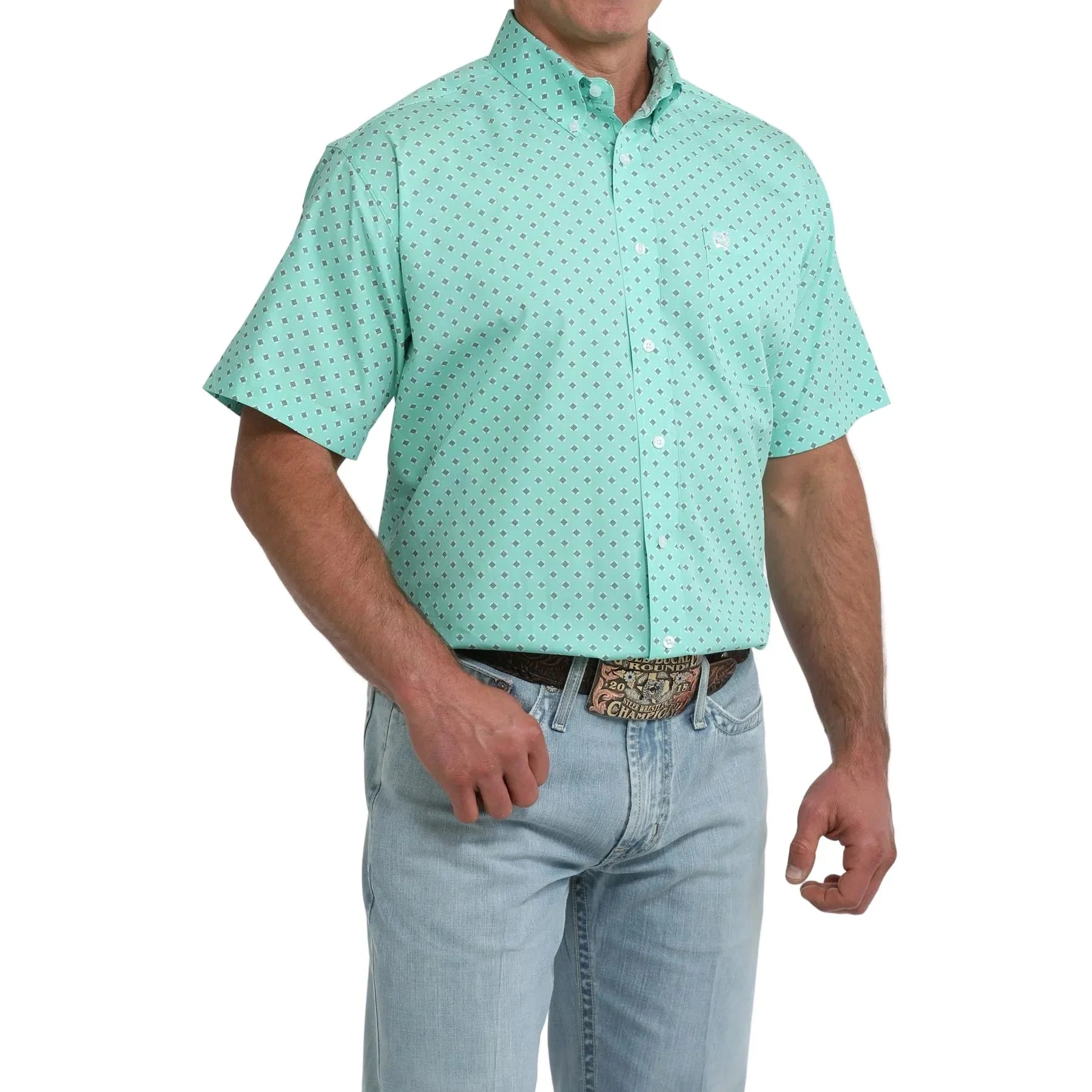 Men's Cinch Short Sleeve Teal Geo Print Button Up MTW1111529