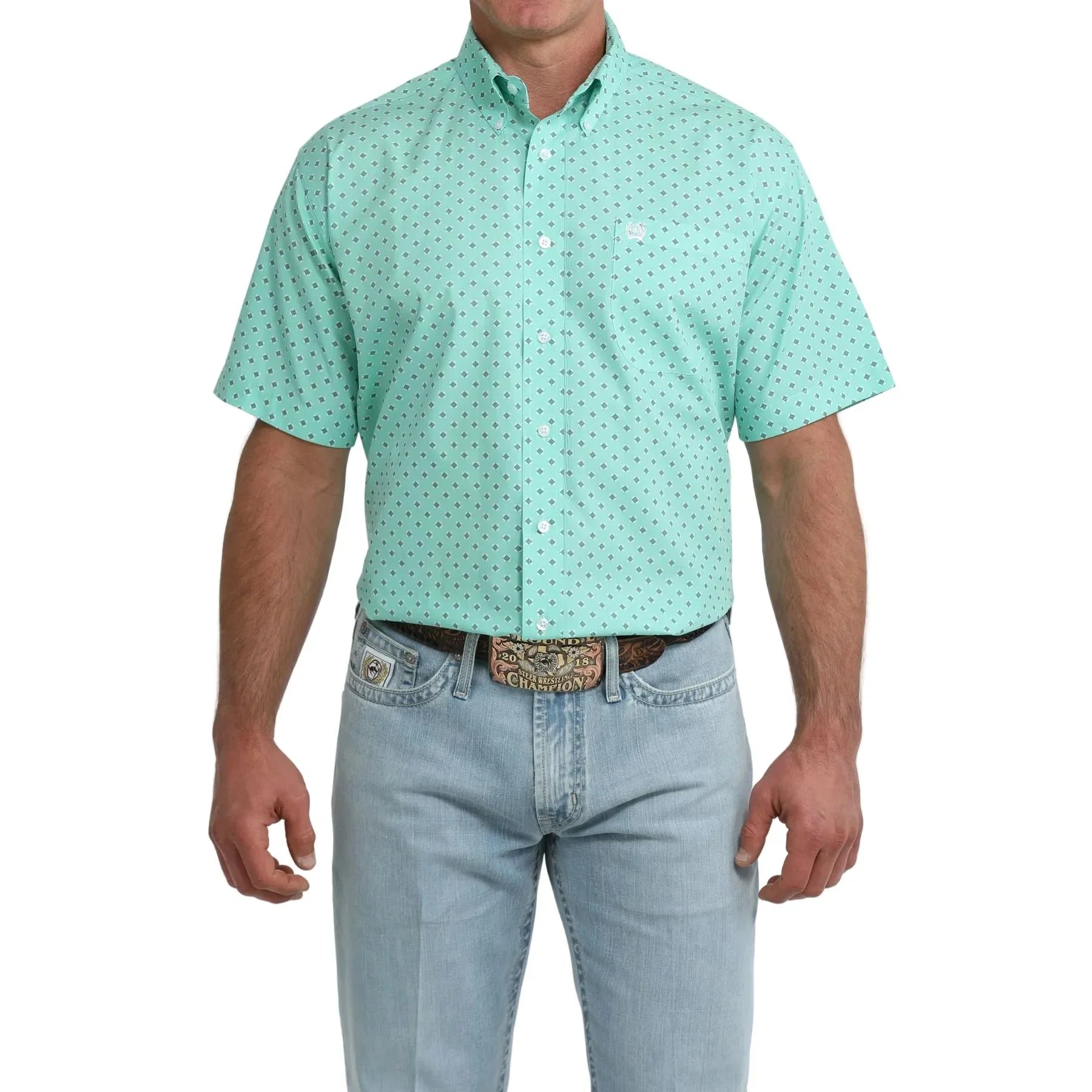 Men's Cinch Short Sleeve Teal Geo Print Button Up MTW1111529