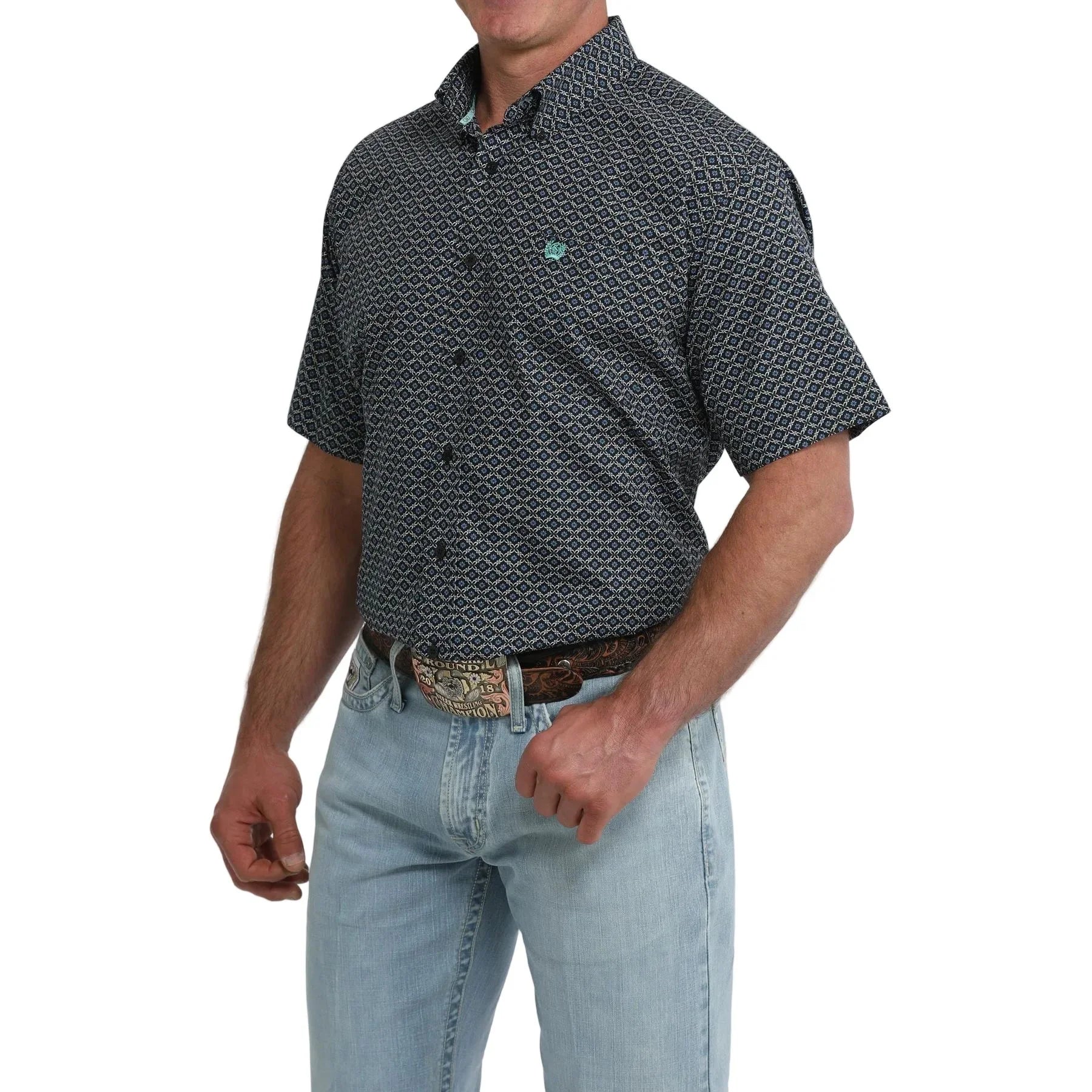 Men's Cinch Short Sleeve Blue and Black Geo Print Classic Fit Button Down MTW1111530