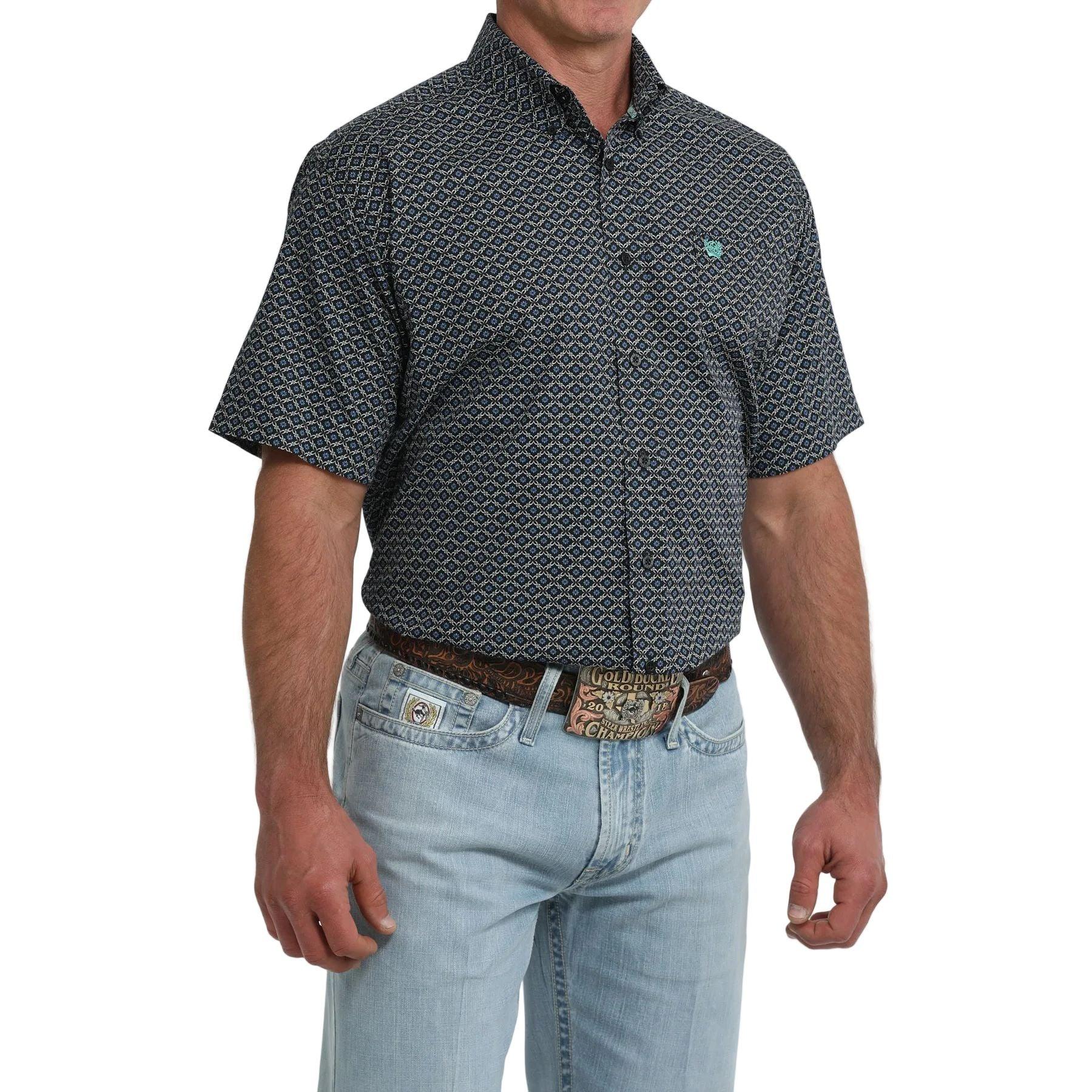 Men's Cinch Short Sleeve Blue and Black Geo Print Classic Fit Button Down MTW1111530
