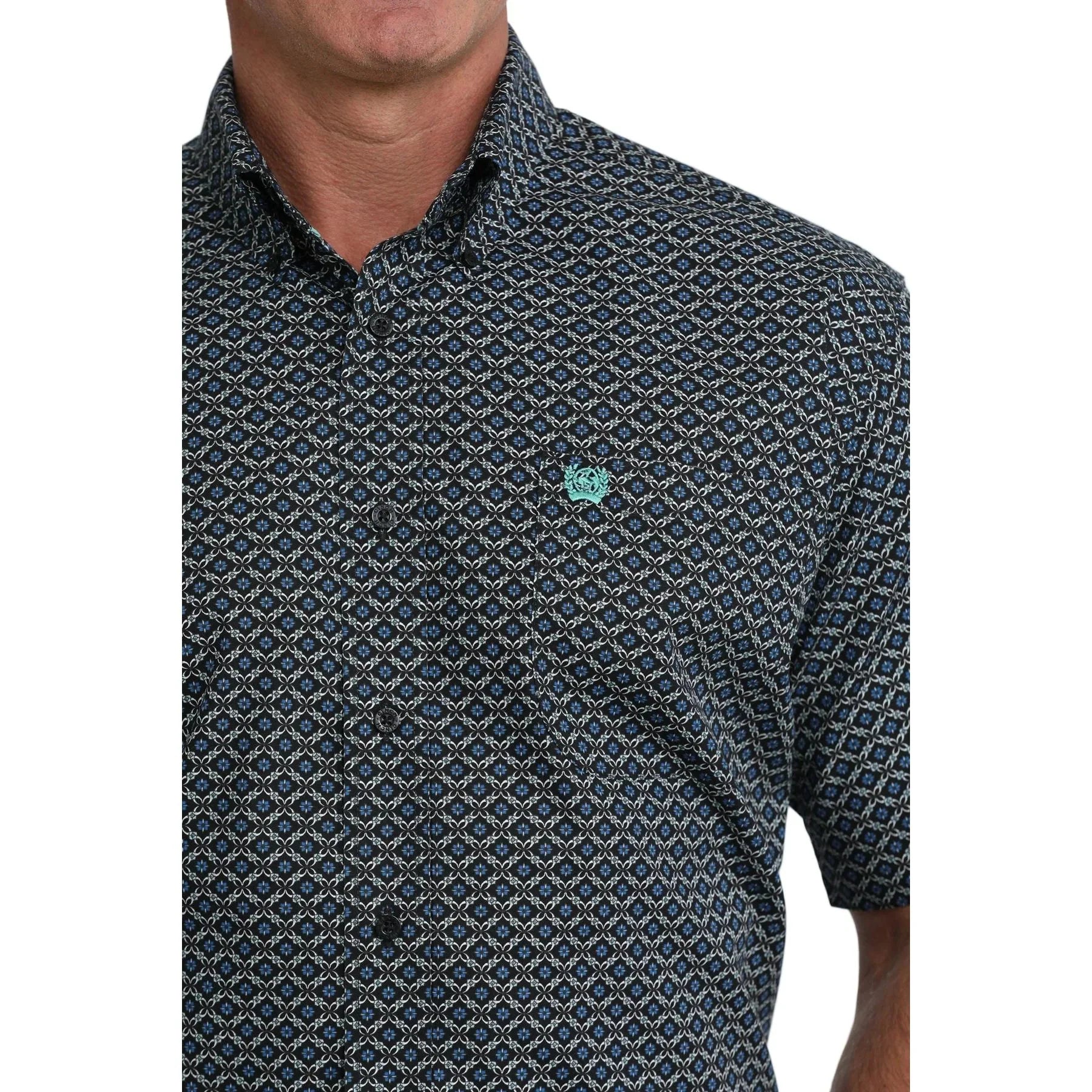 Men's Cinch Short Sleeve Blue and Black Geo Print Classic Fit Button Down MTW1111530