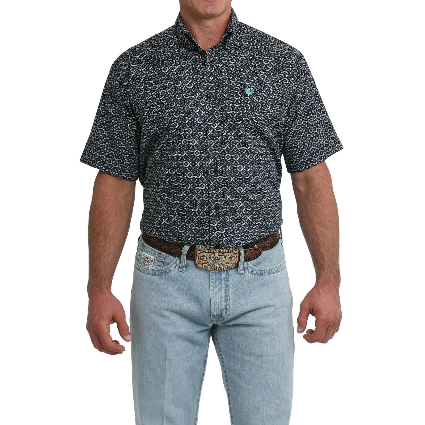 Men's Cinch Short Sleeve Blue and Black Geo Print Classic Fit Button Down MTW1111530