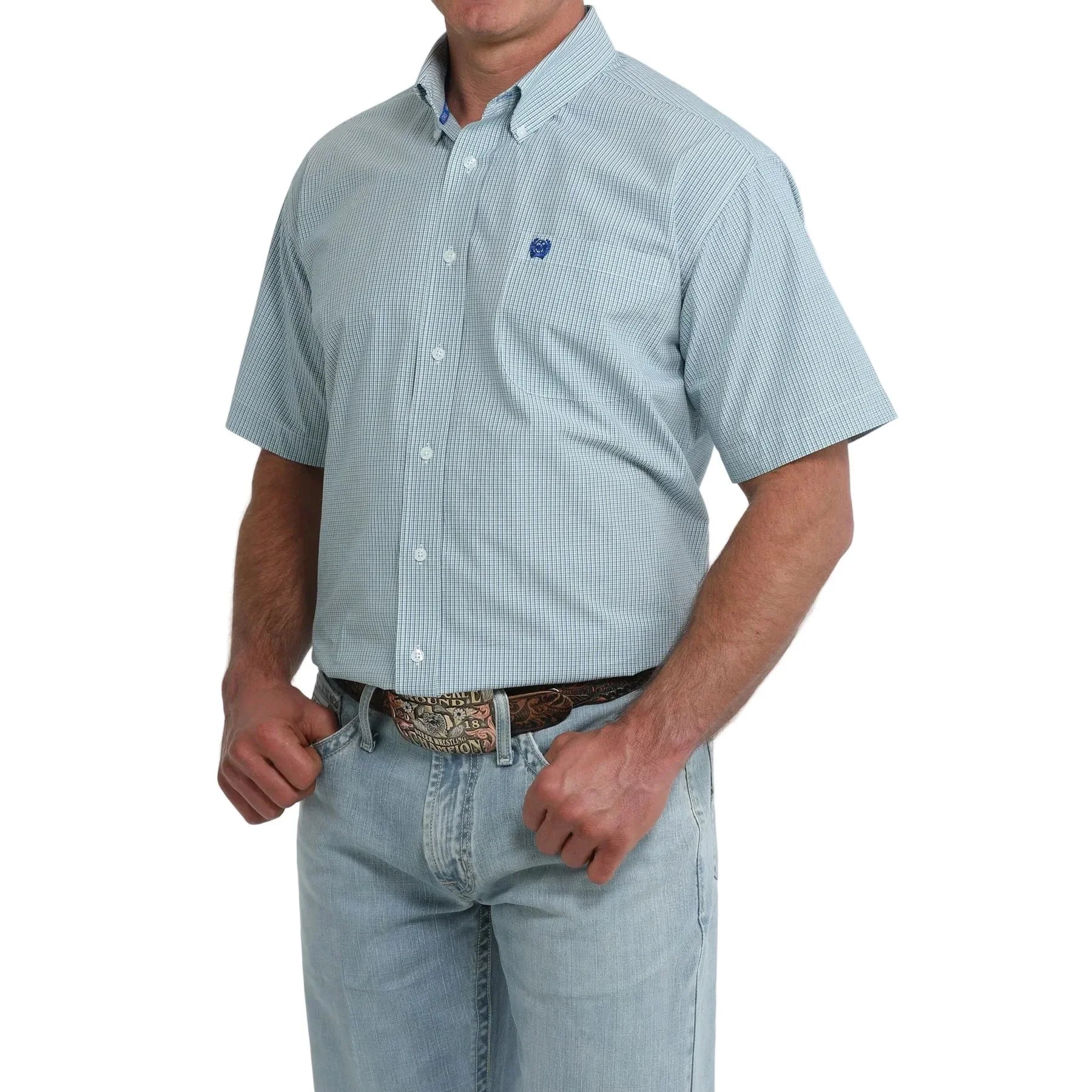 Men's Cinch Short Sleeve Classic Fit Blue Printed Button Up Shirt MTW1111531