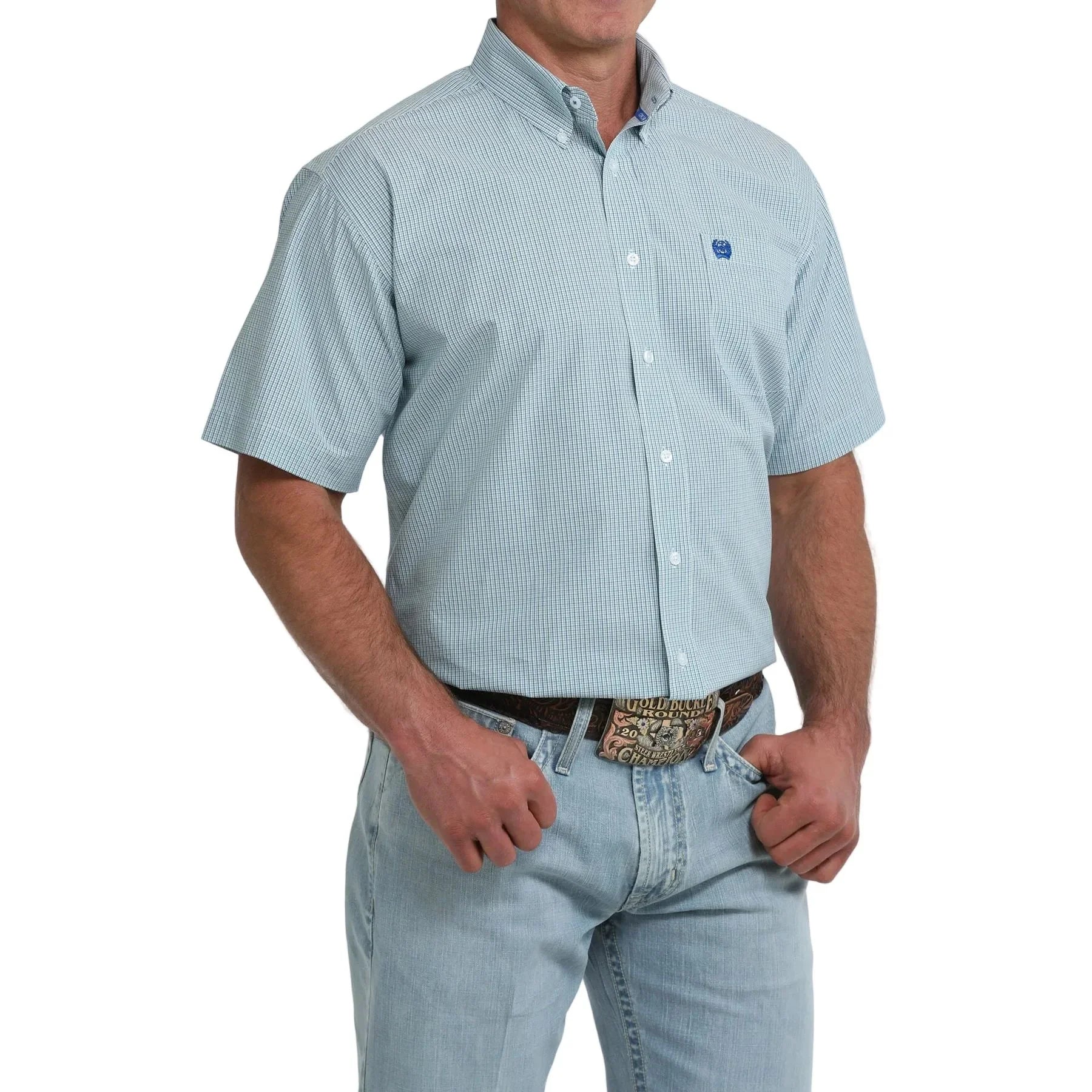 Men's Cinch Short Sleeve Classic Fit Blue Printed Button Up Shirt MTW1111531