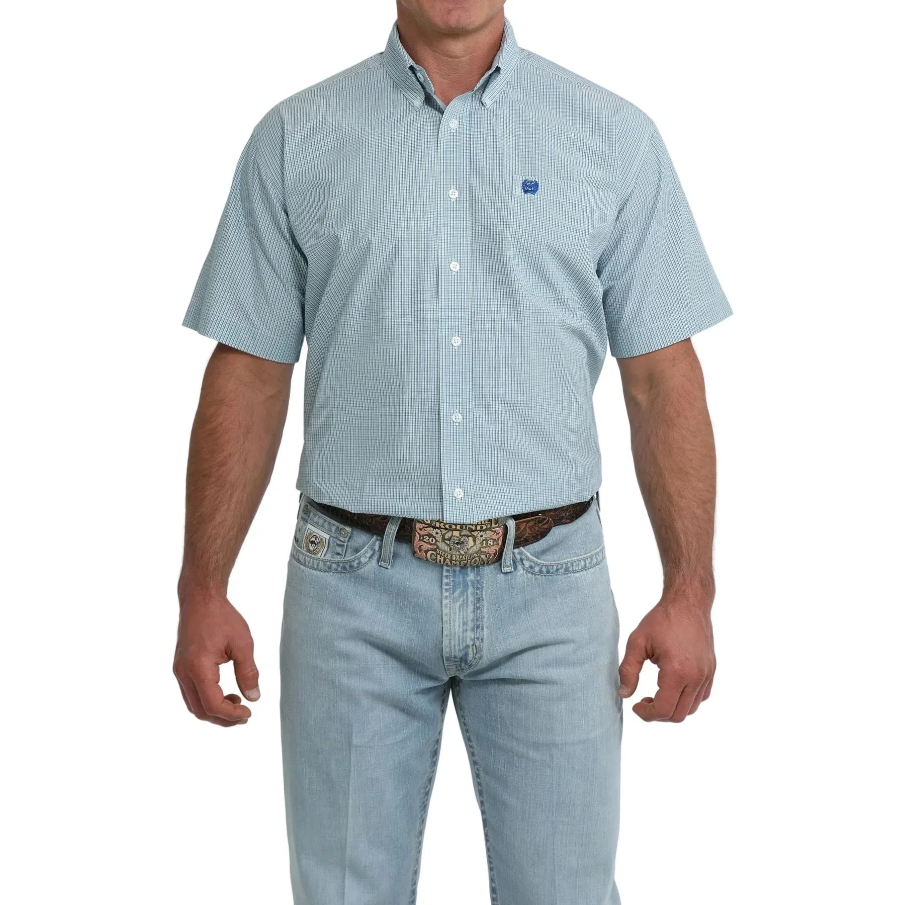 Men's Cinch Short Sleeve Classic Fit Blue Printed Button Up Shirt MTW1111531