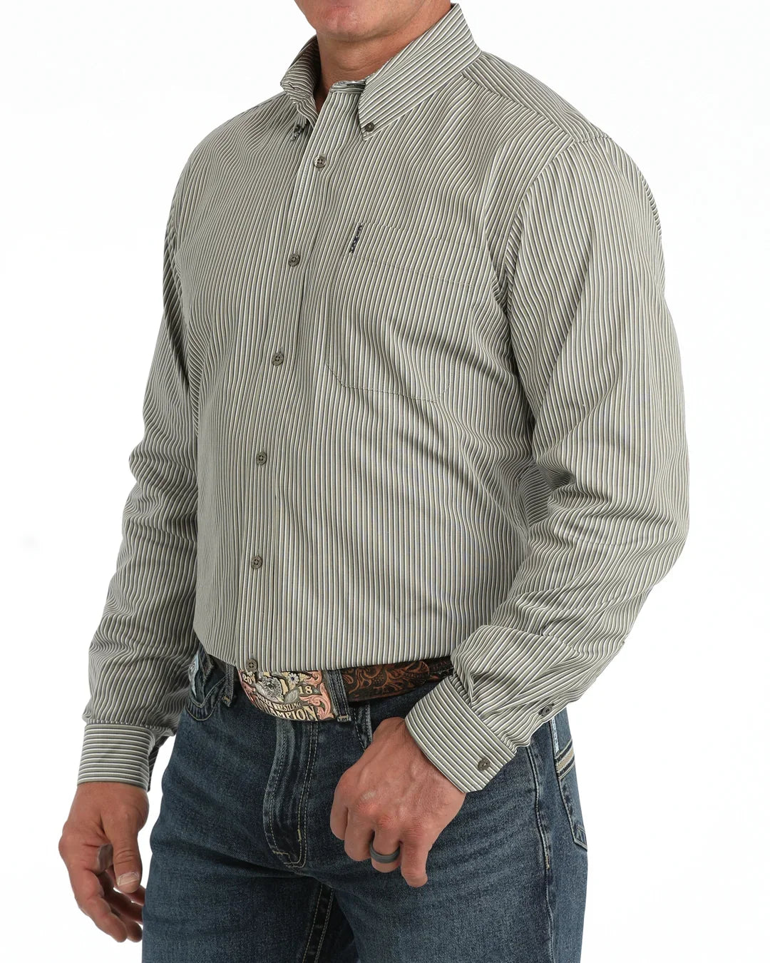 Cinch Men's Long Sleeve Olive Striped Modern Fit Shirt MTW1347162