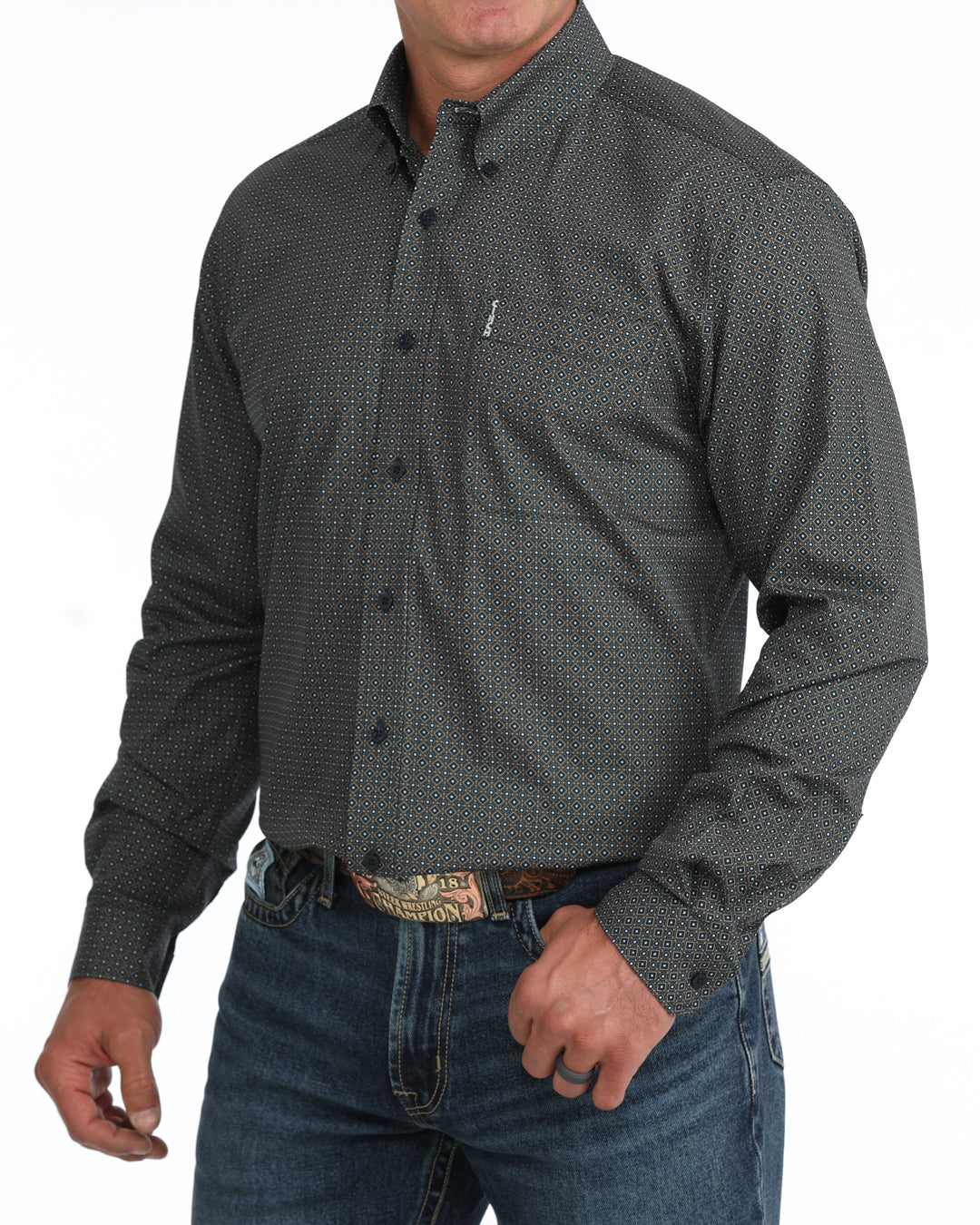Cinch Men's Long Sleeve Navy Geometric Modern Fit Button Down Shirt MTW1347167