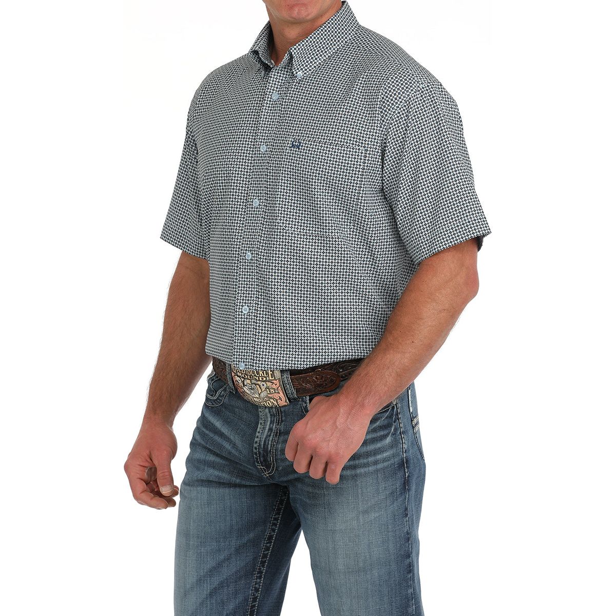 Men's Cinch Light Blue Print ArenaFlex Short Sleeve Shirt MTW1704149 - Crazy House Western Wear