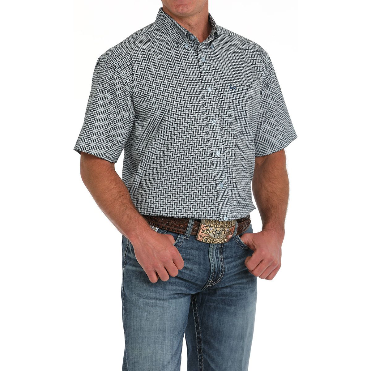 Men's Cinch Light Blue Print ArenaFlex Short Sleeve Shirt MTW1704149 - Crazy House Western Wear