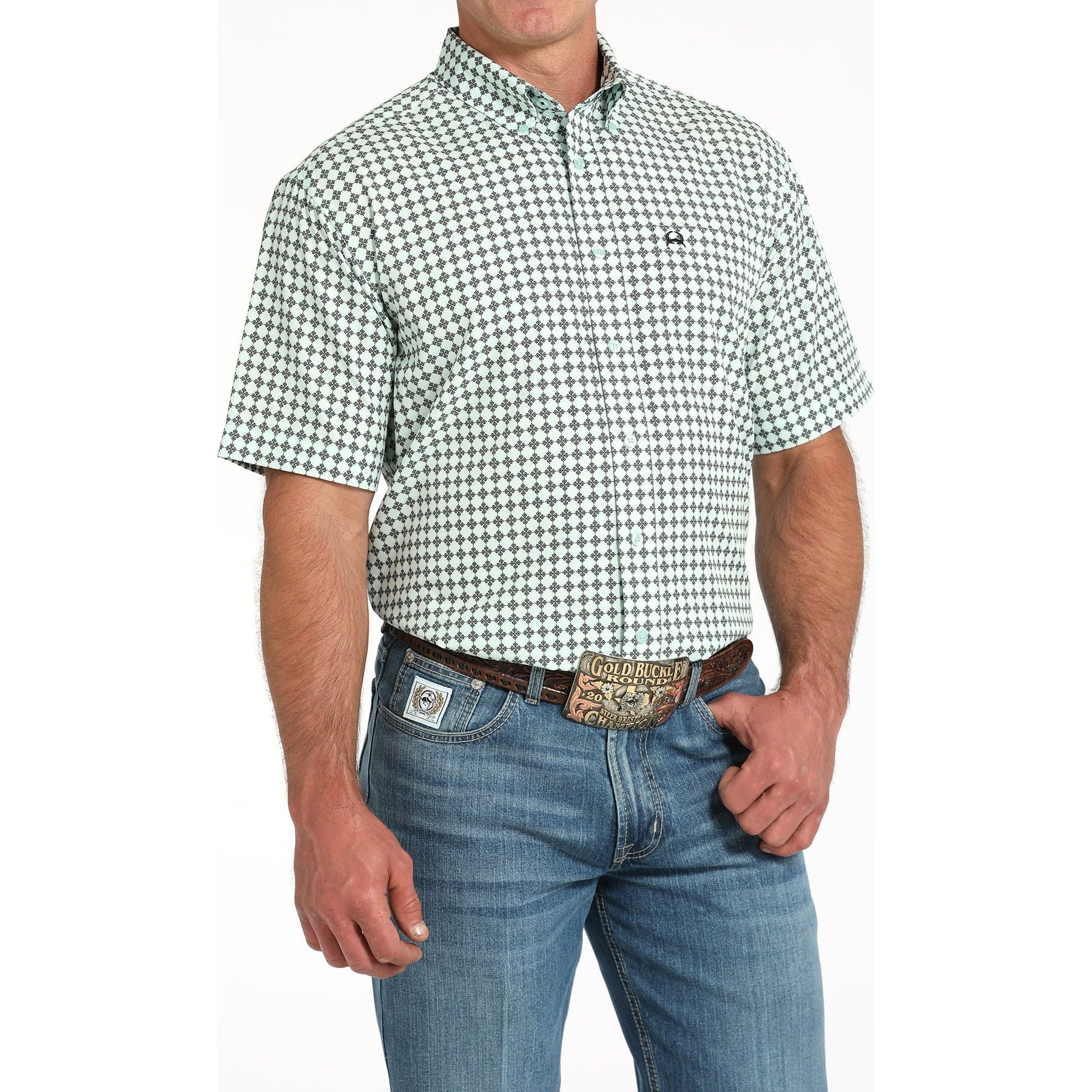 Men's Cinch Light Blue Short Sleeve Arenflex Button-Down Western Shirt MTW1704159-LTB - Crazy House Western Wear