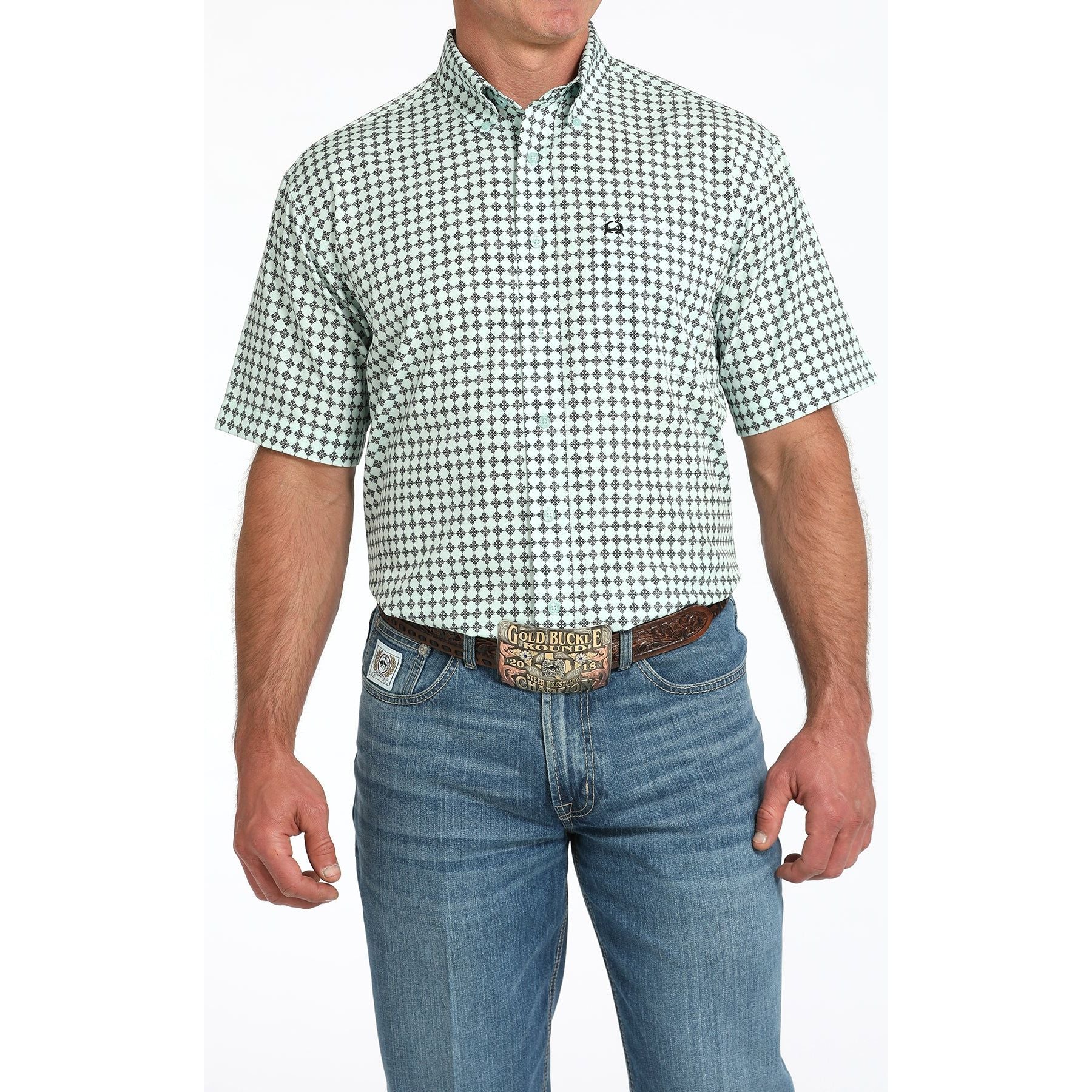 Men's Cinch Light Blue Short Sleeve Arenflex Button-Down Western Shirt MTW1704159-LTB - Crazy House Western Wear