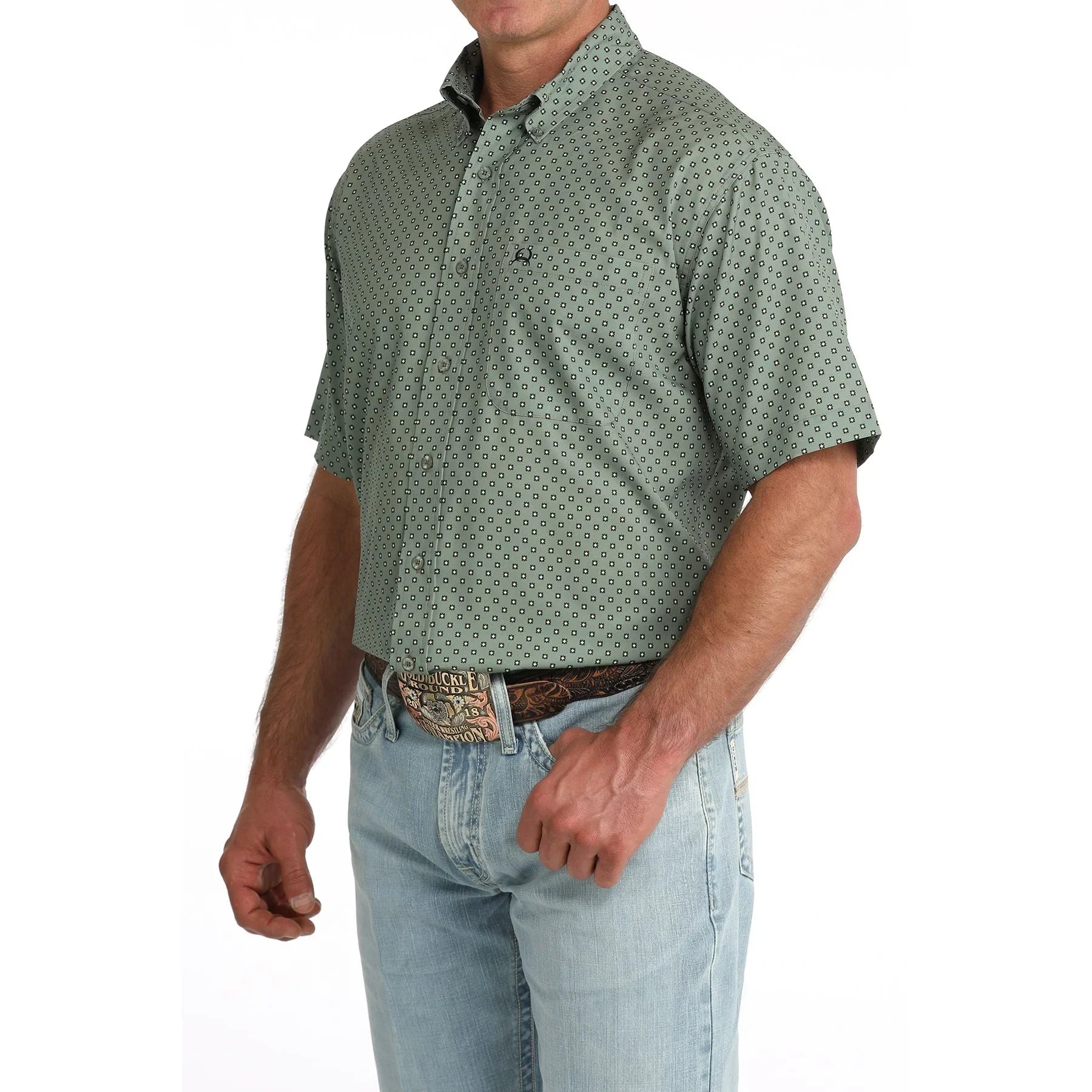 Men's Cinch Olive Geo Printed Arenaflex Short Sleeve Button Up MTW1704176