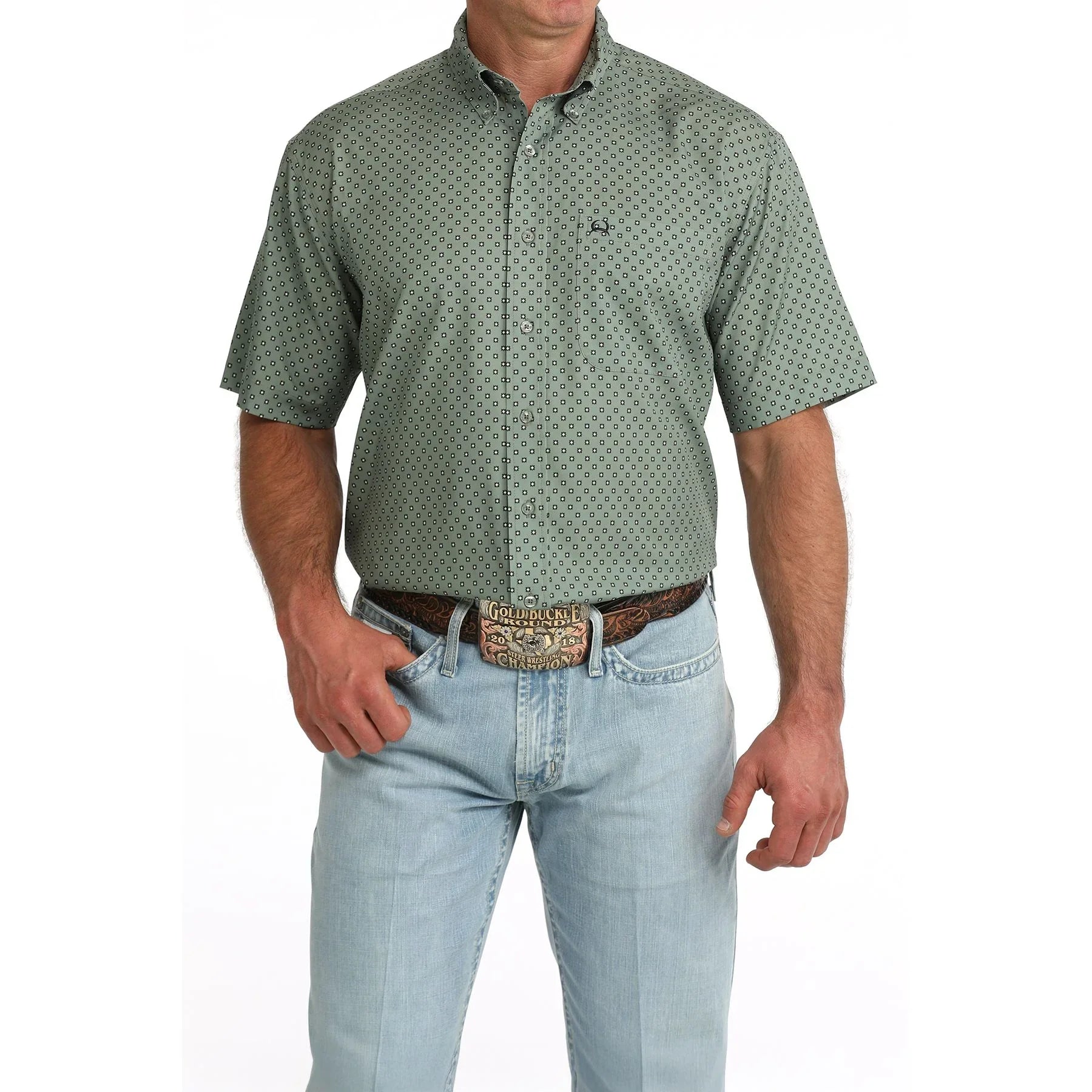Men's Cinch Olive Geo Printed Arenaflex Short Sleeve Button Up MTW1704176
