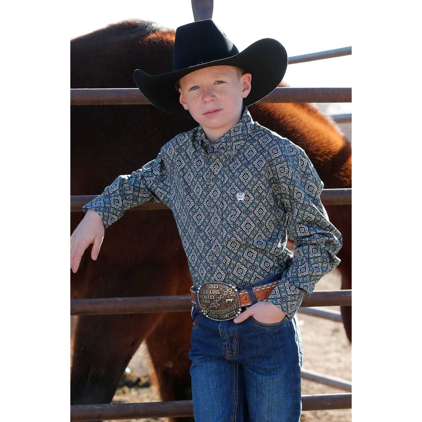 Boy's Geometric Print Button-Down Western Shirt MTW7060368 - Crazy House Western Wear