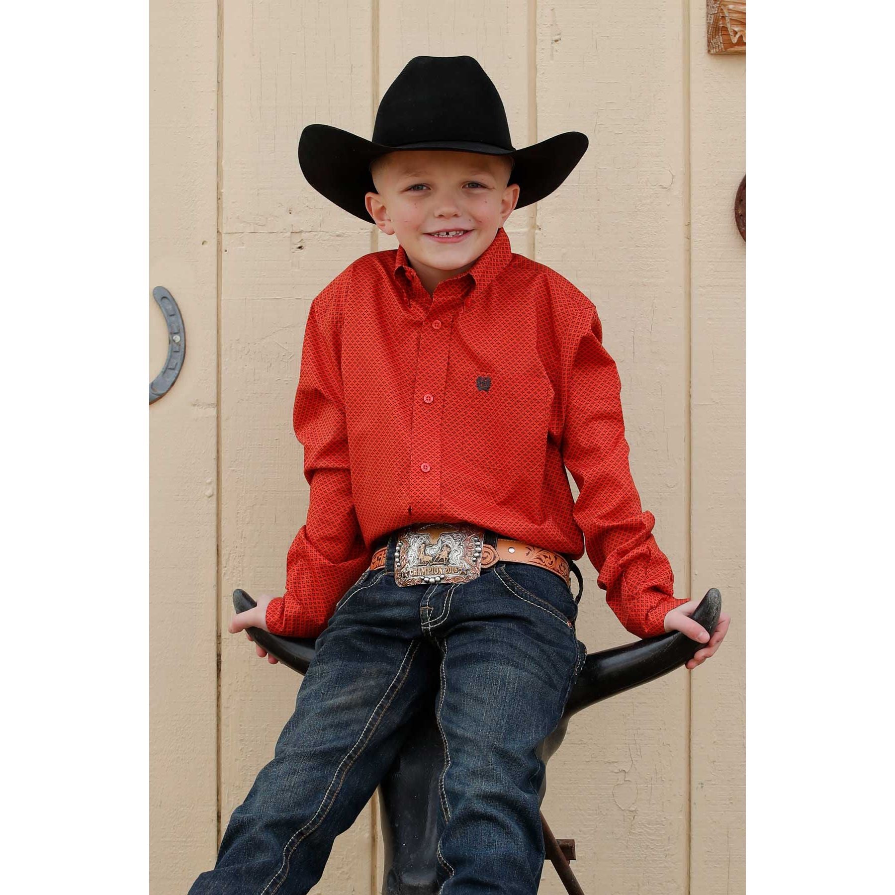 Boy's Cinch Long Sleeve Red Geometric Print Button Up Shirt MTW7060407