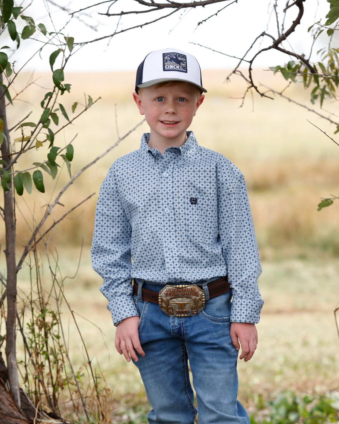 Cinch Boy's Long Sleeve Blue Medallion Print Button Down Shirt MTW7060430