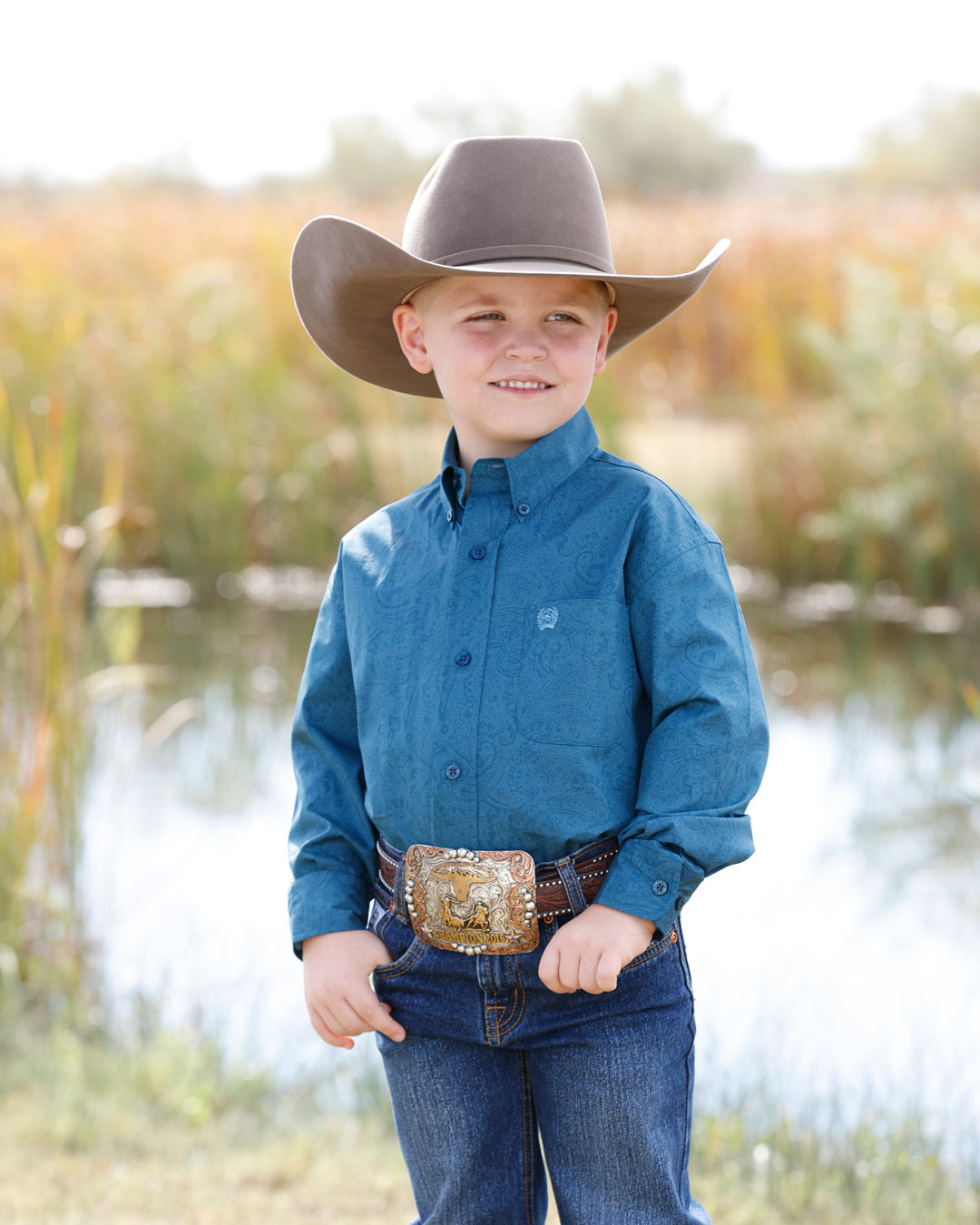 Cinch Boy's Long Sleeve Blue Paisley Printed Button Down Shirt MTW7060432