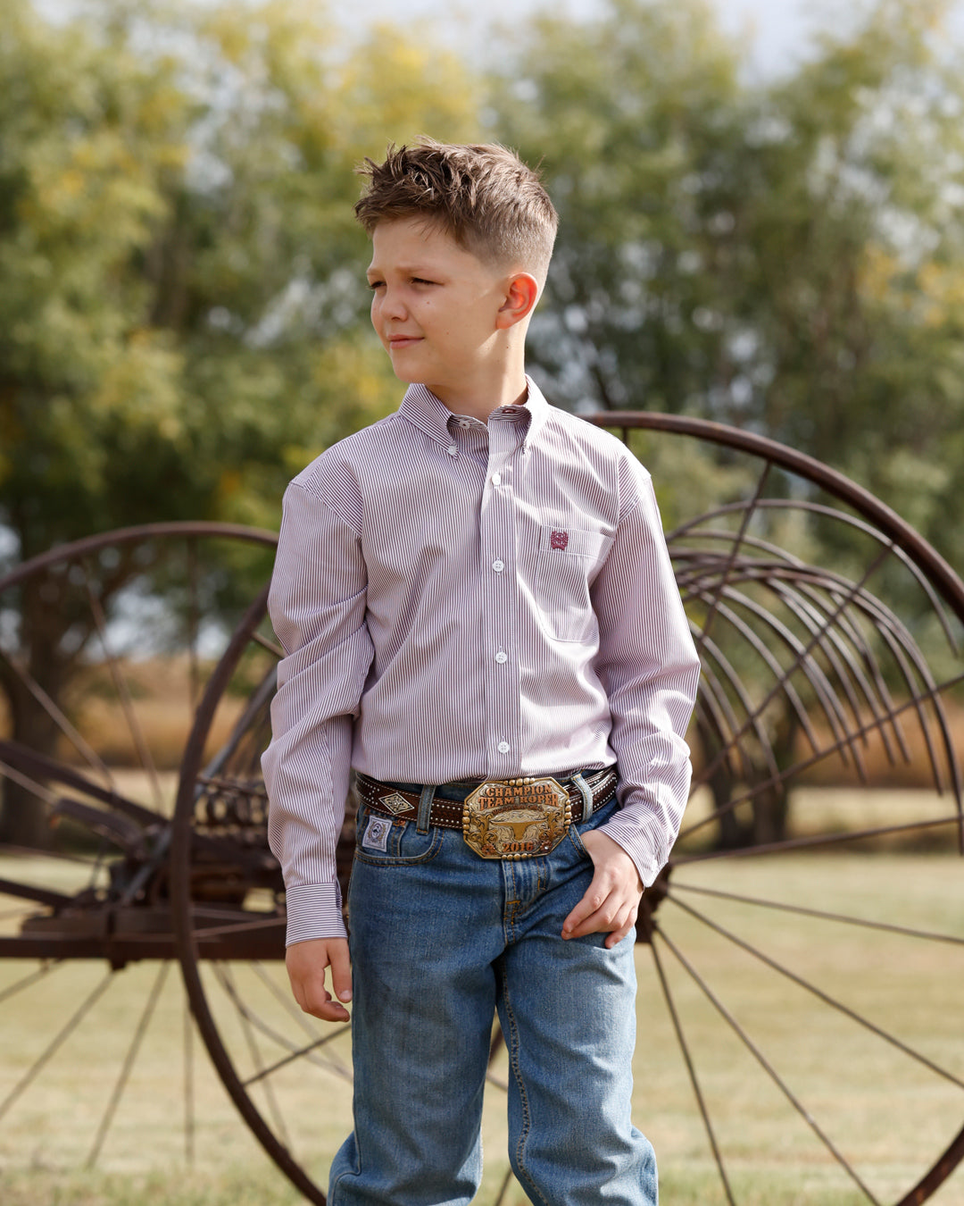 Cinch Boy's Long Sleeve White and Burgundy Button Down Shirt MTW7060434