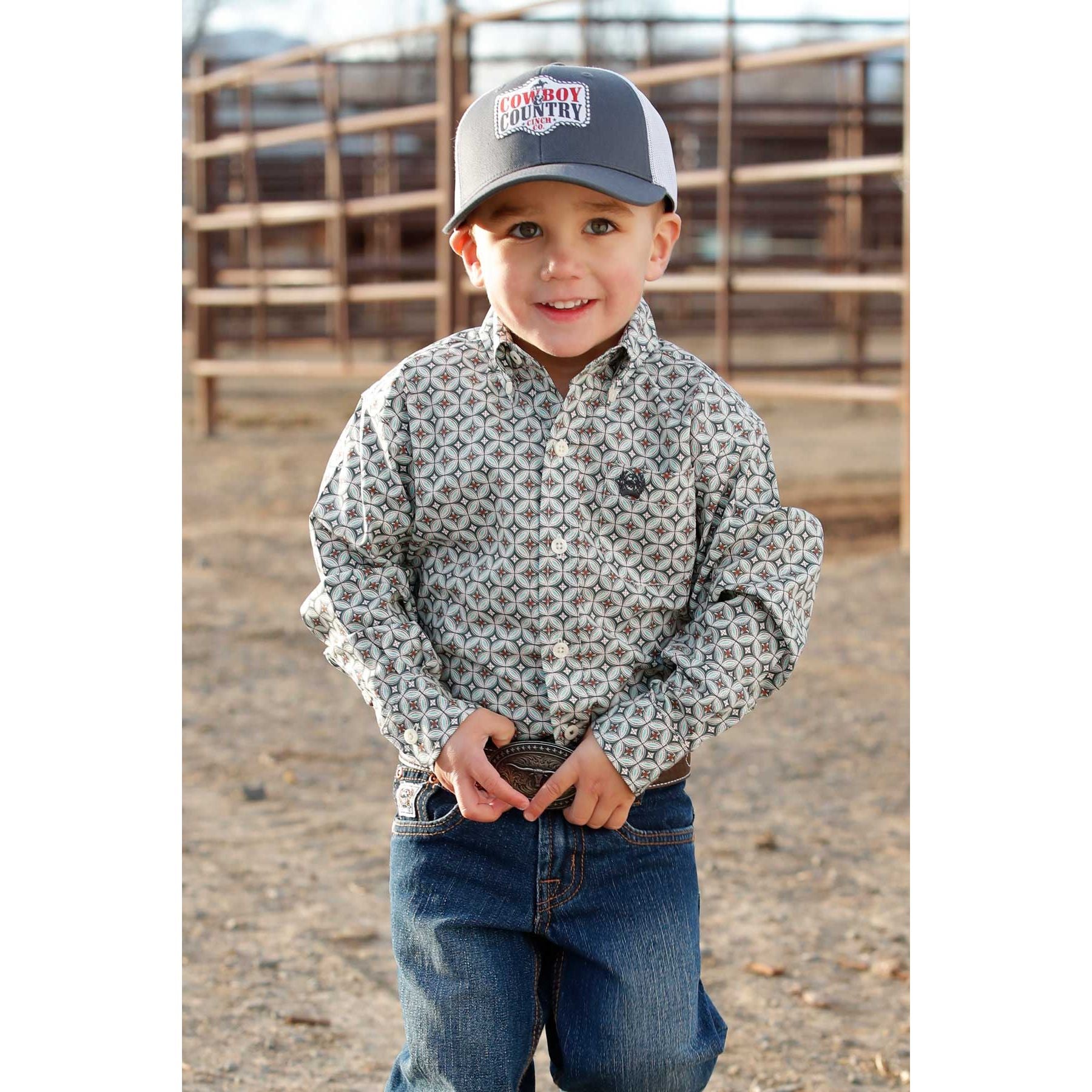 Cinch Toddler Cream Geometric Long Sleeve Button Up Shirt MTW7061405