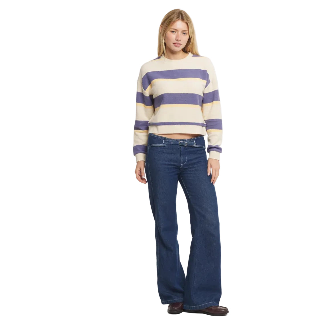 Southern Marsh Women's Tan and Purple Striped Sunday Morning Sweater OSSM-ATPR