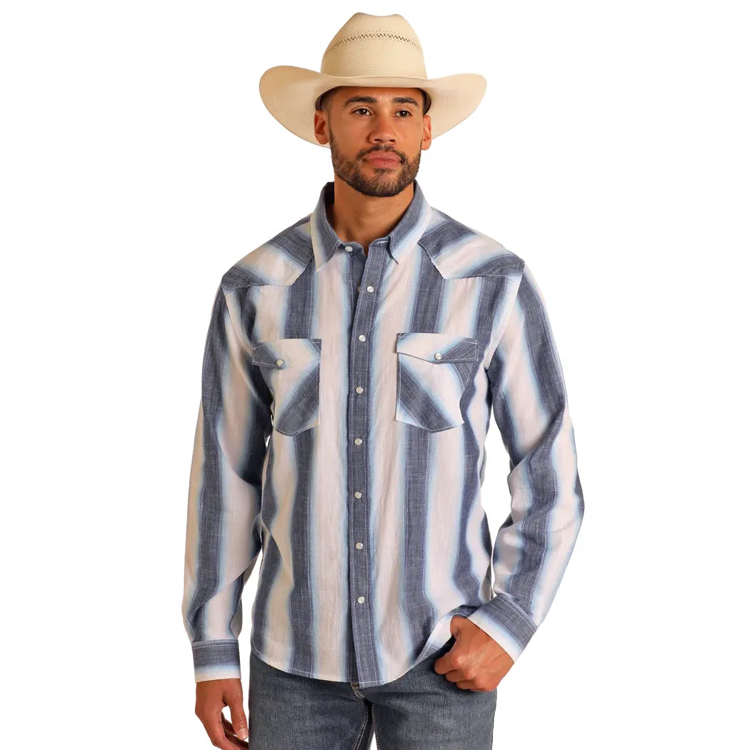Men's Panhandle Vintage Ombre Striped Long Sleeve Snapped Shirt PMN2S05758 - Crazy House Western Wear
