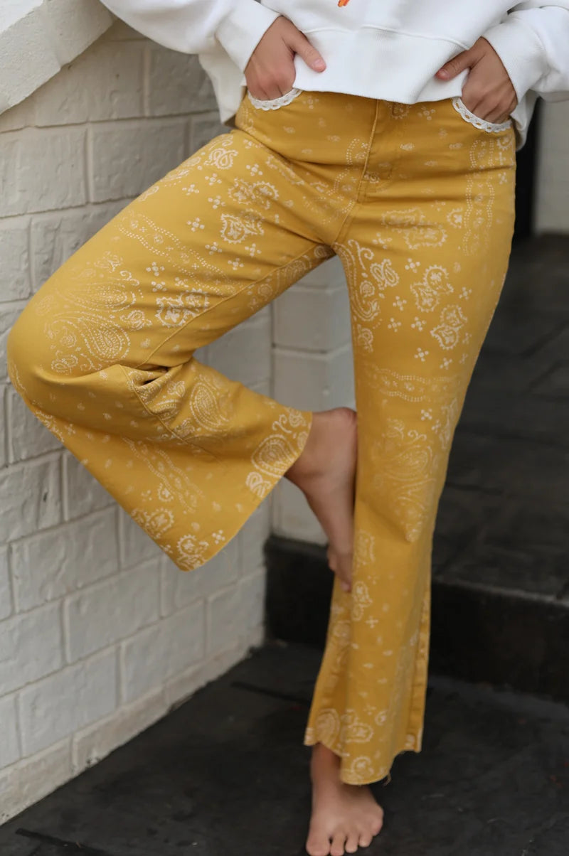 Poppy and Pine Women's Mustard Bandana Frey Hem Denim Pants