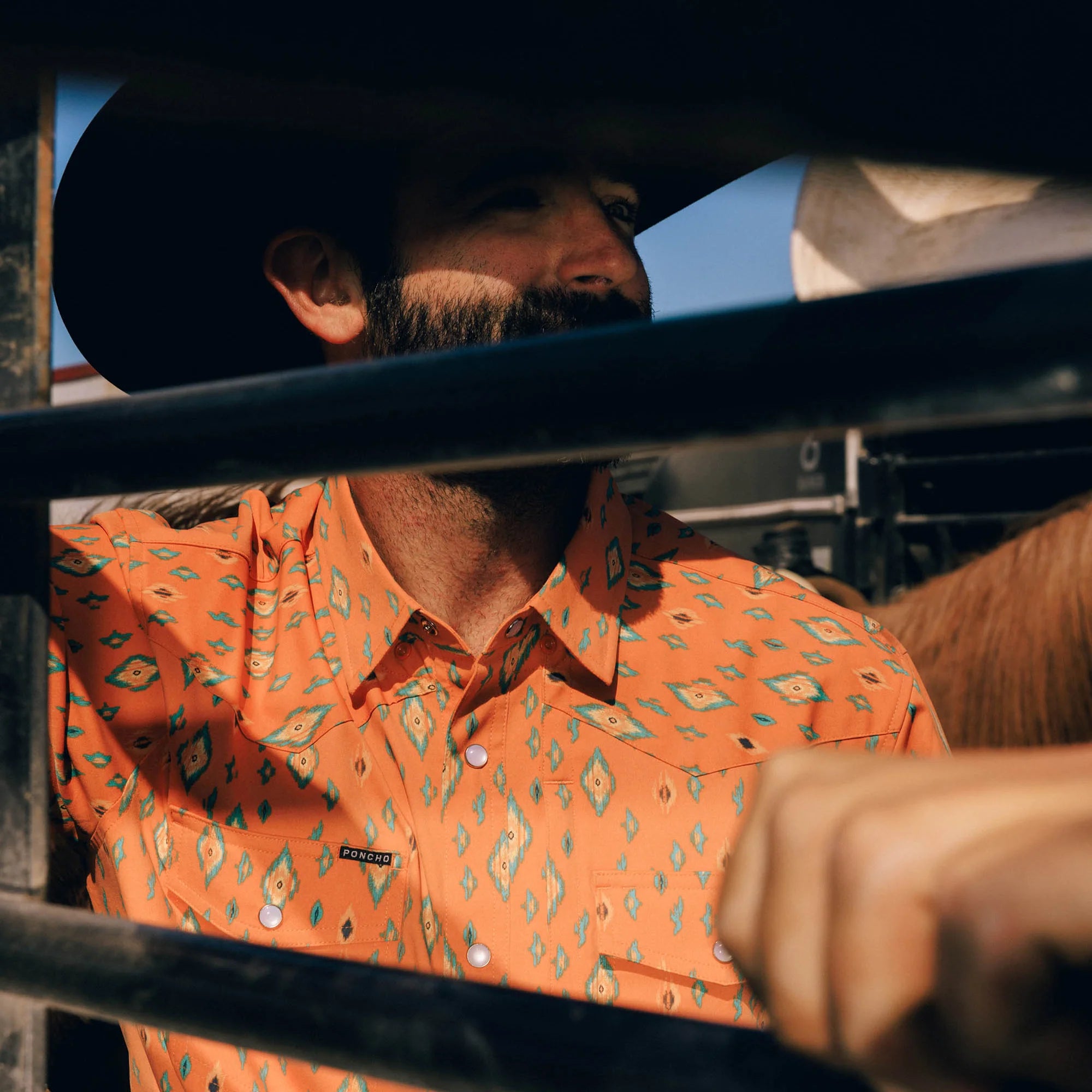 Men's Poncho "The Bisbee" Orange Retro Diamond Print Snap Shirt