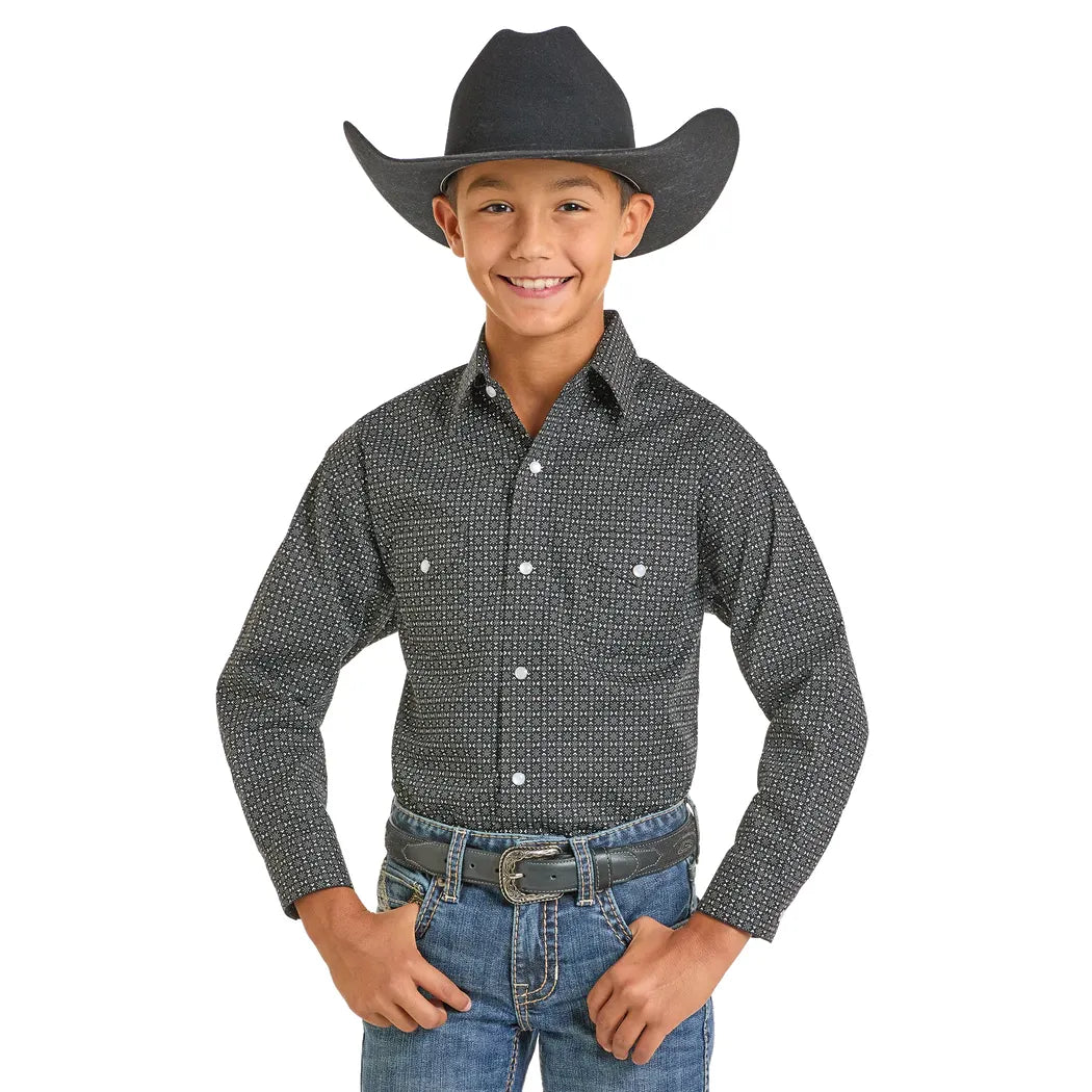 Boy's Black Geo Long Sleeve Snap Shirt RBN2S06924