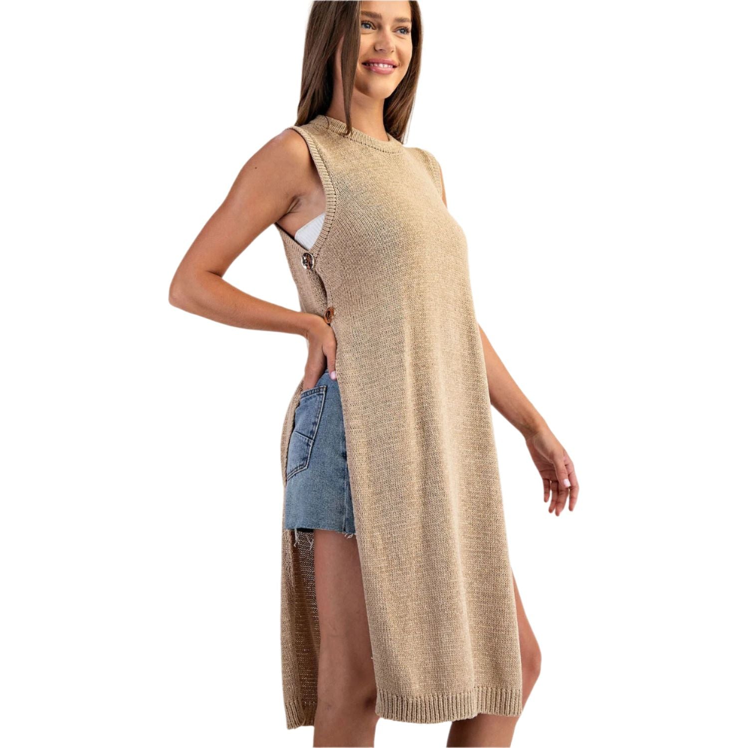 Women's ee:some Side Button Sleeveless Open Longline Sweater SH15117 - Crazy House Western Wear