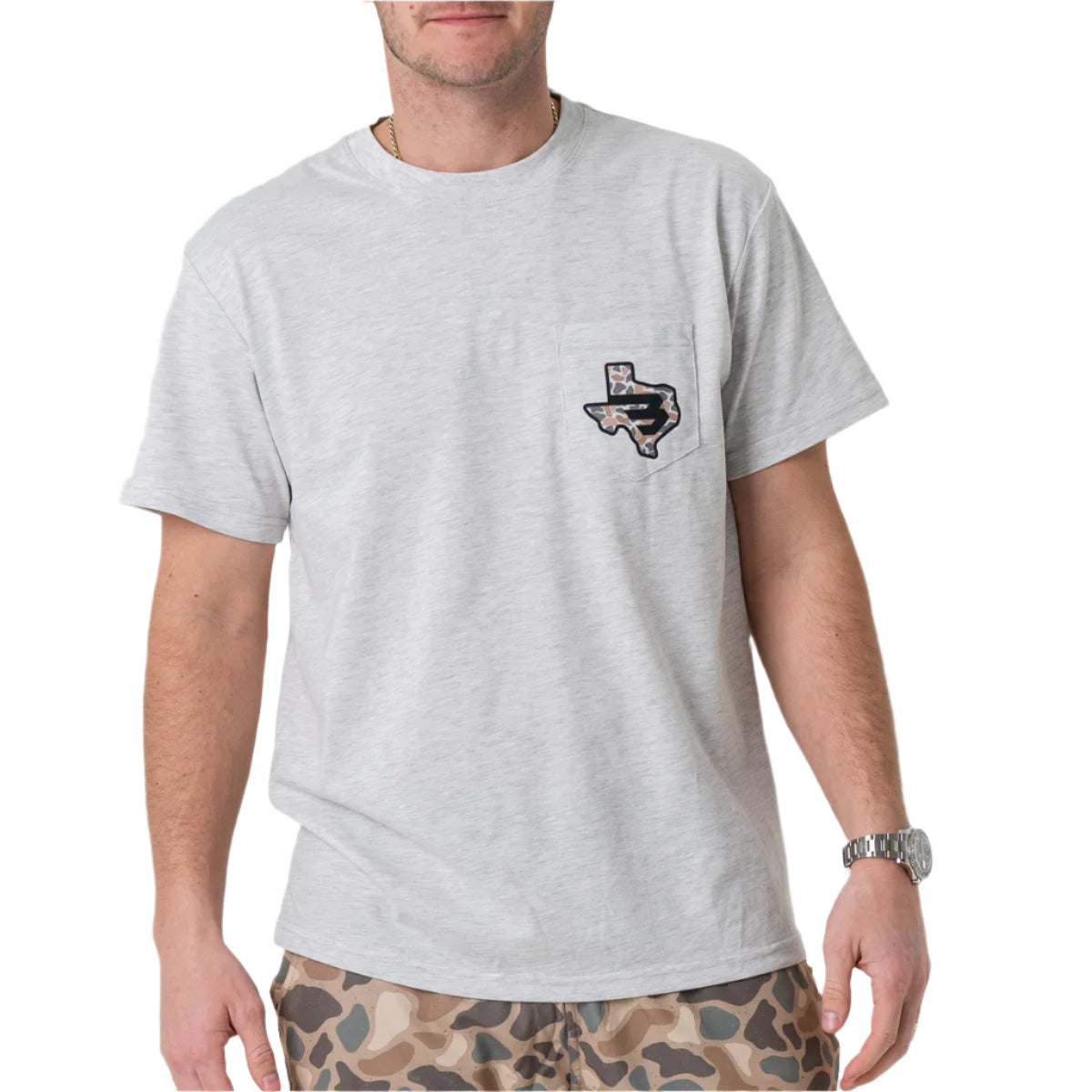 Men's Burlebo Texas Camo Flying B Logo - Heather Ash Grey TXCFB-SS-AG - Crazy House Western Wear