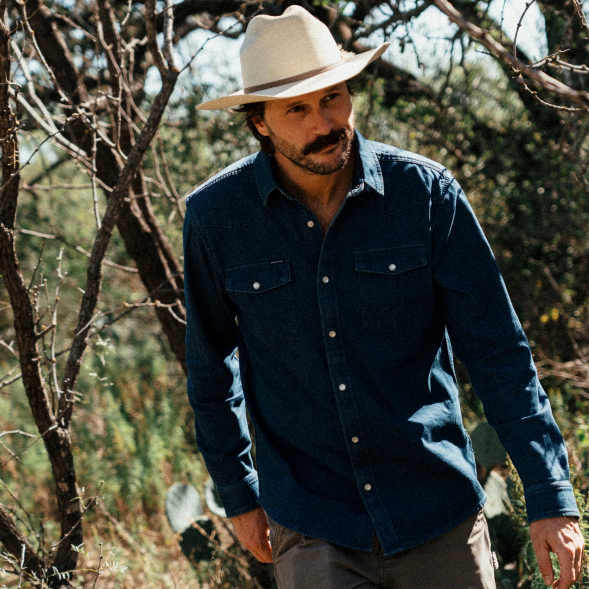 Men's Poncho The Sanderson Dark Wash Long Sleeve Snap Shirt