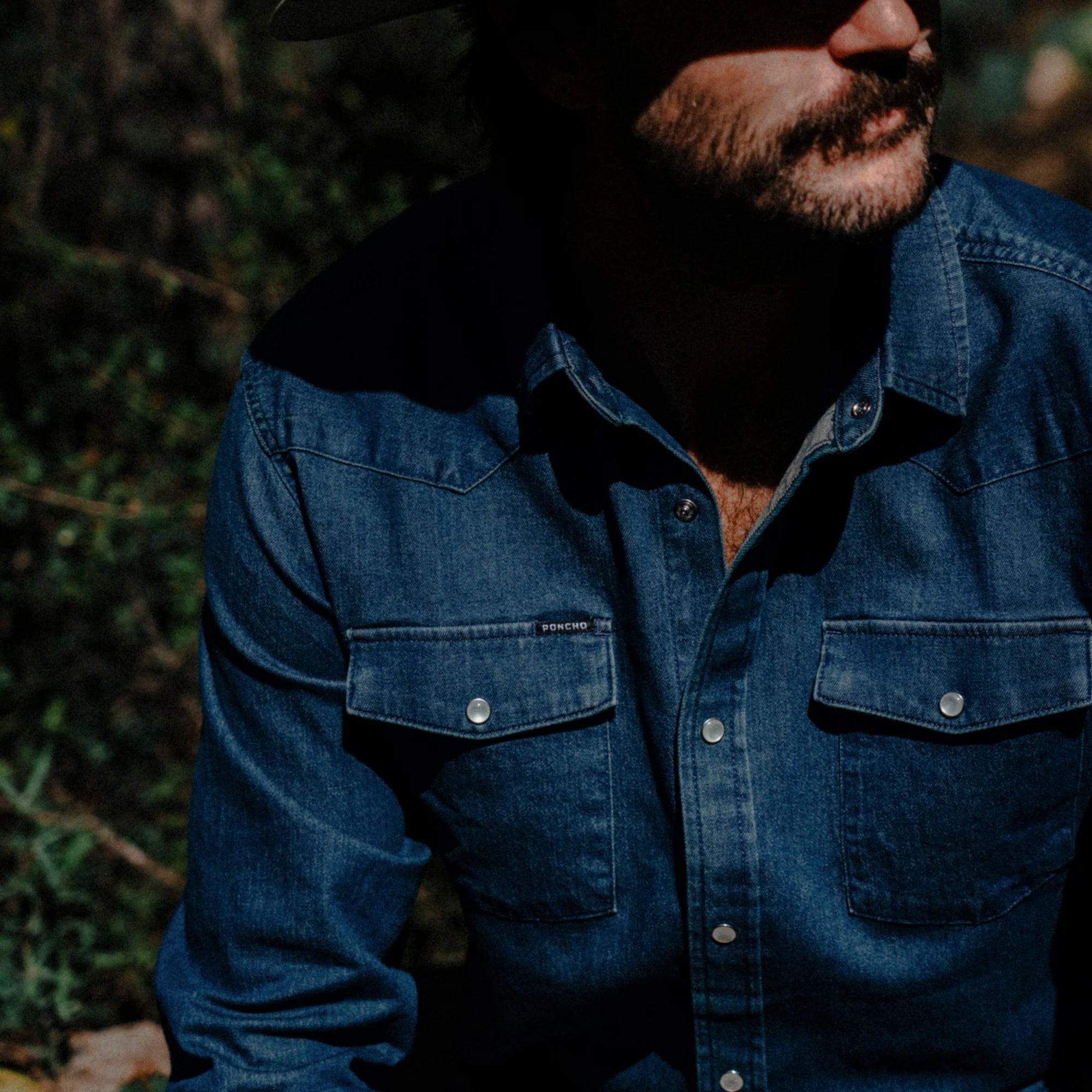 Men's Poncho The Sanderson Dark Wash Long Sleeve Snap Shirt