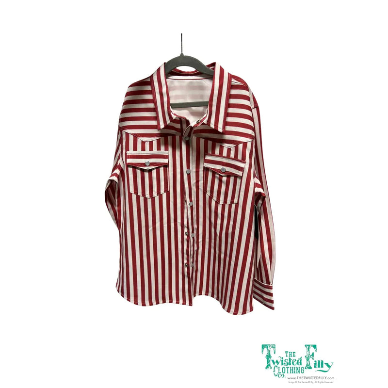 Girl's Twisted Filly Red Striped Pearl Snap Long Sleeve Shirt