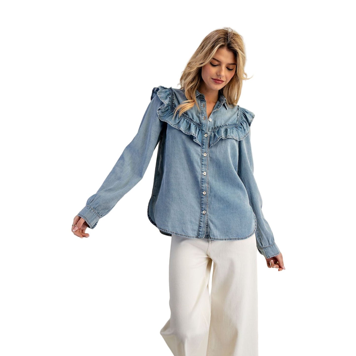 Women's Washed Denim Ruffle Button Down TH15057