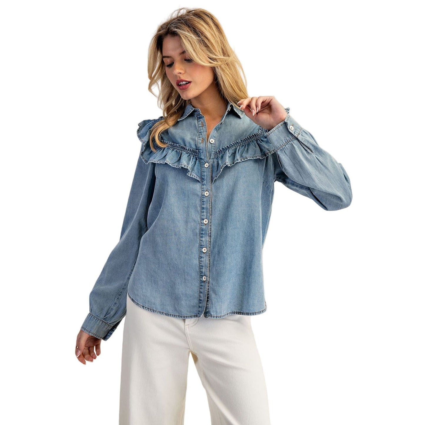 Women's Washed Denim Ruffle Button Down TH15057