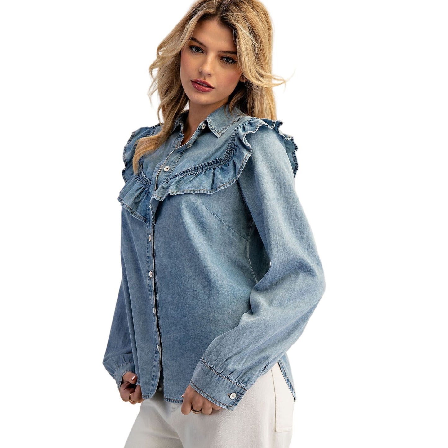 Women's Washed Denim Ruffle Button Down TH15057